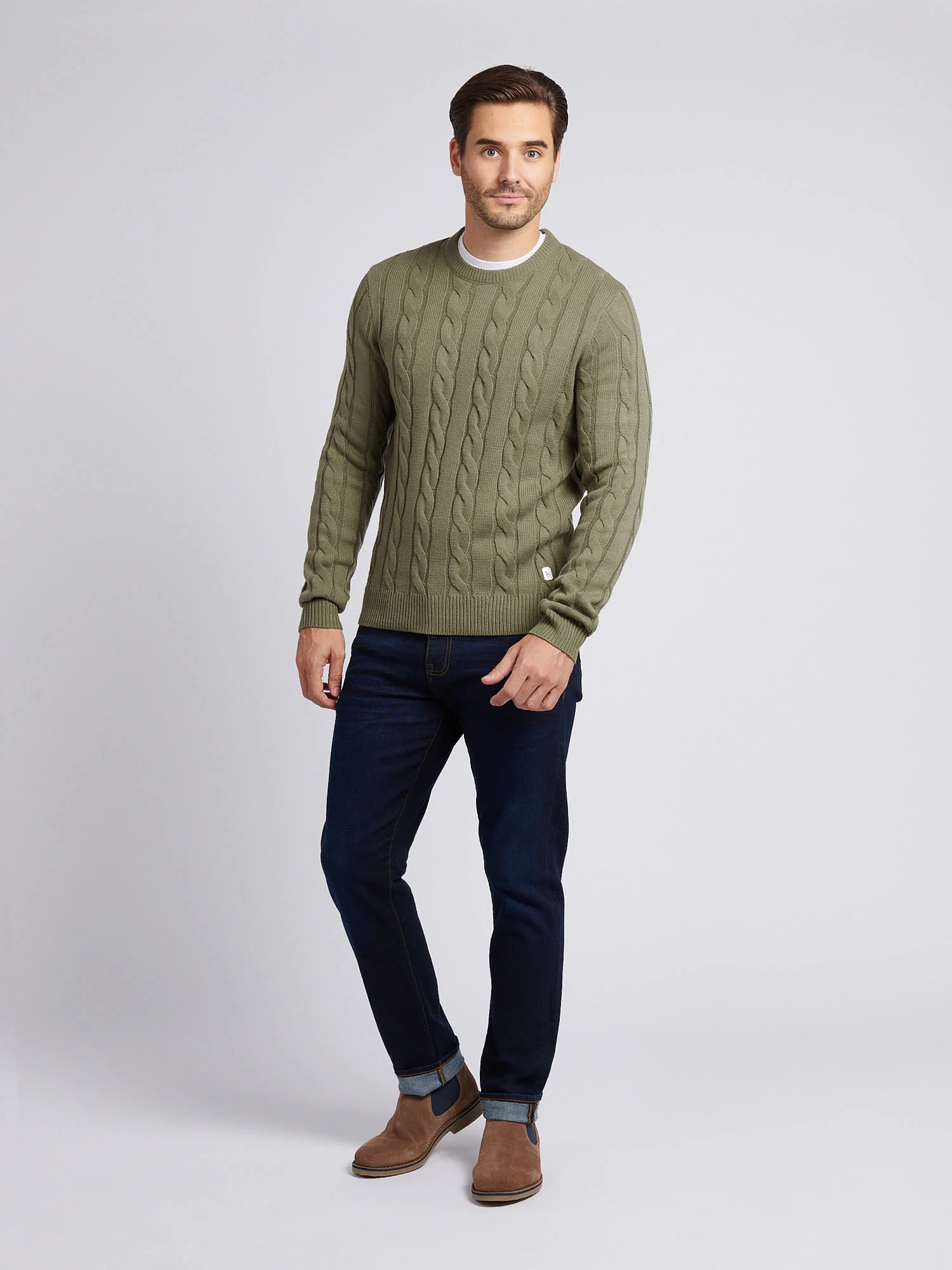 Mens Cable Knit Crew in Mulled Basil - Image 3