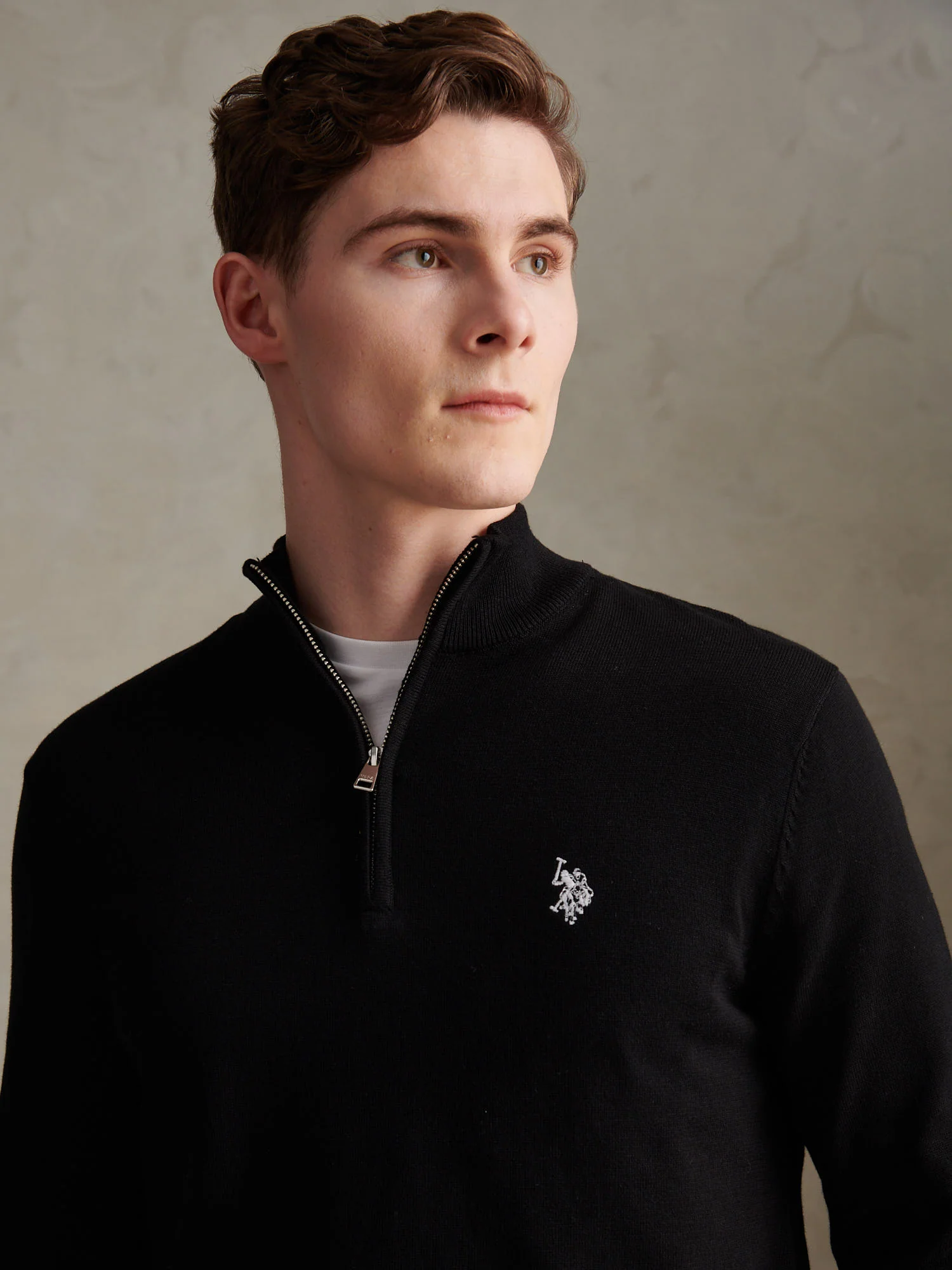 Mens Cotton Quarter Zip Funnel Jumper Black Bright White DHM - Image 2