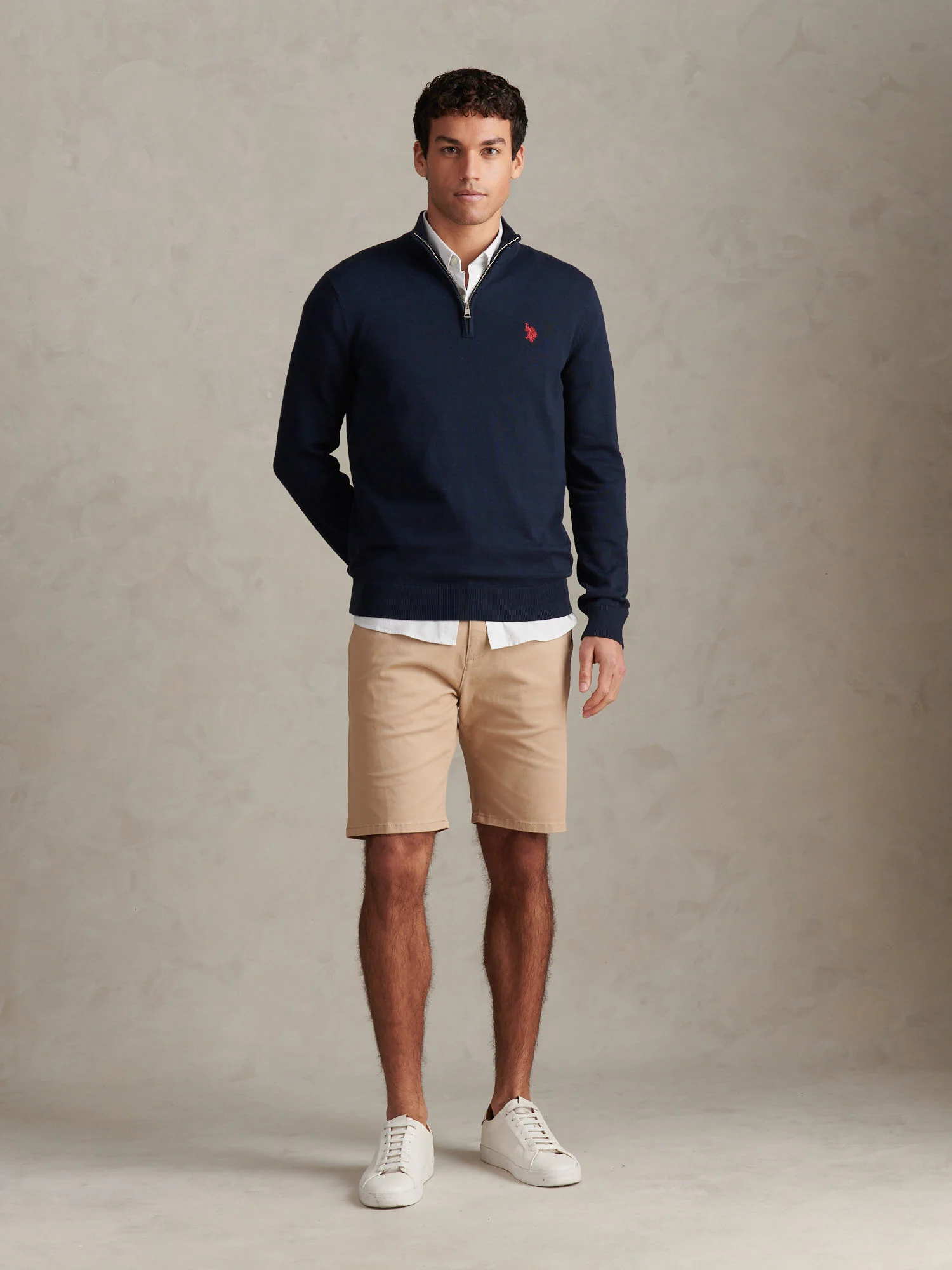Mens Cotton Quarter Zip Funnel Jumper Dark Sapphire Navy / Haute Red DHM - Image 3