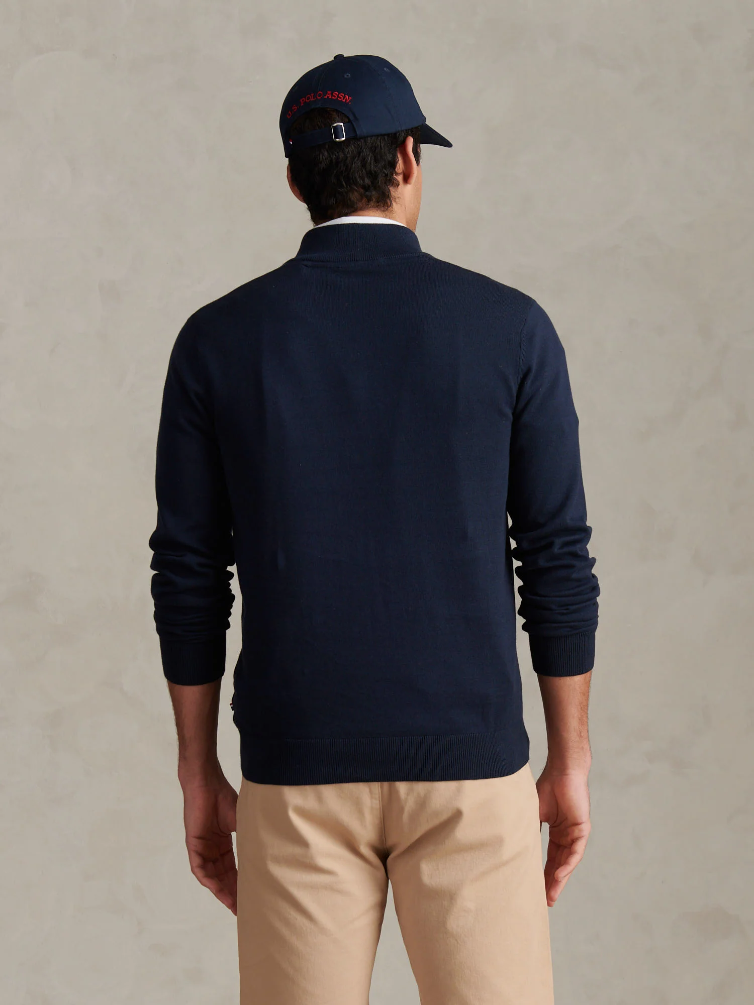 Mens Cotton Quarter Zip Funnel Jumper Dark Sapphire Navy / Haute Red DHM - Image 4