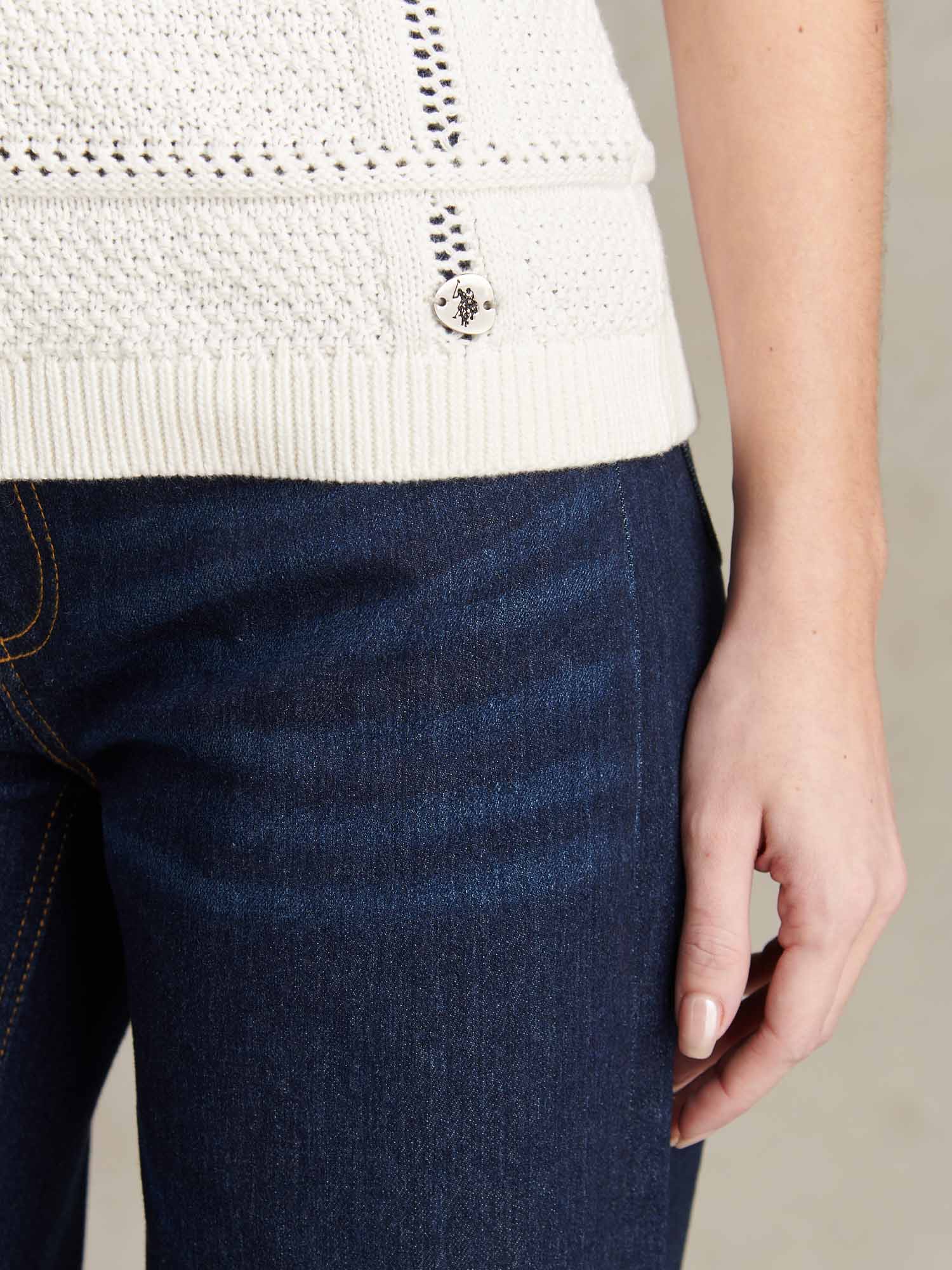 Womens Crochet Knit Polo Shirt Marshmallow - Image 3
