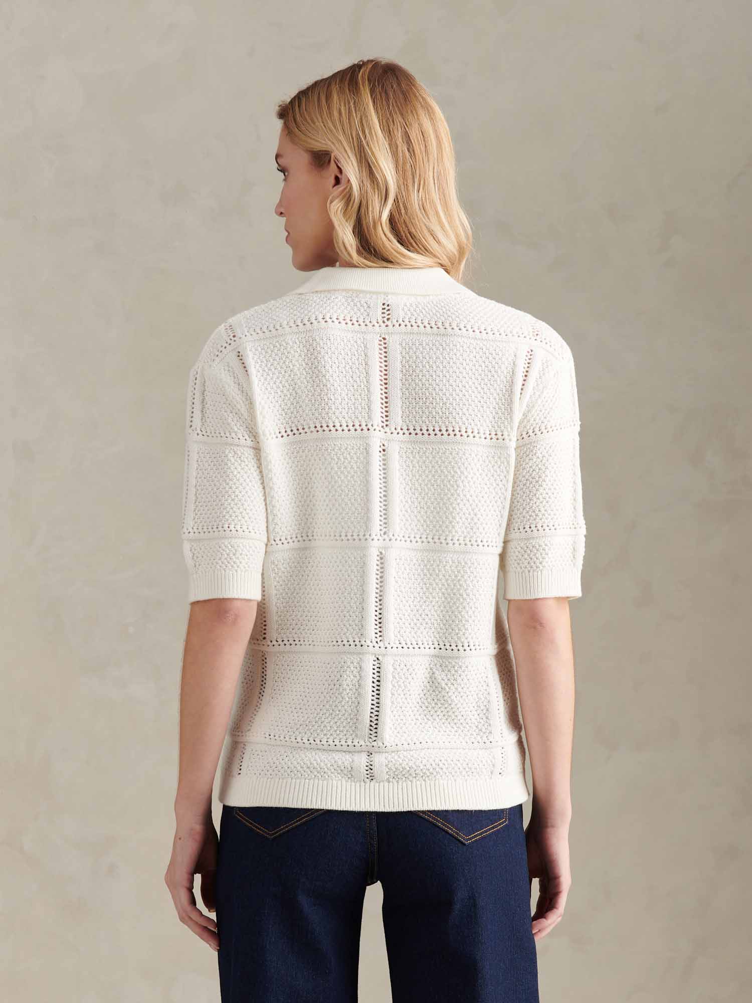 Womens Crochet Knit Polo Shirt Marshmallow - Image 4