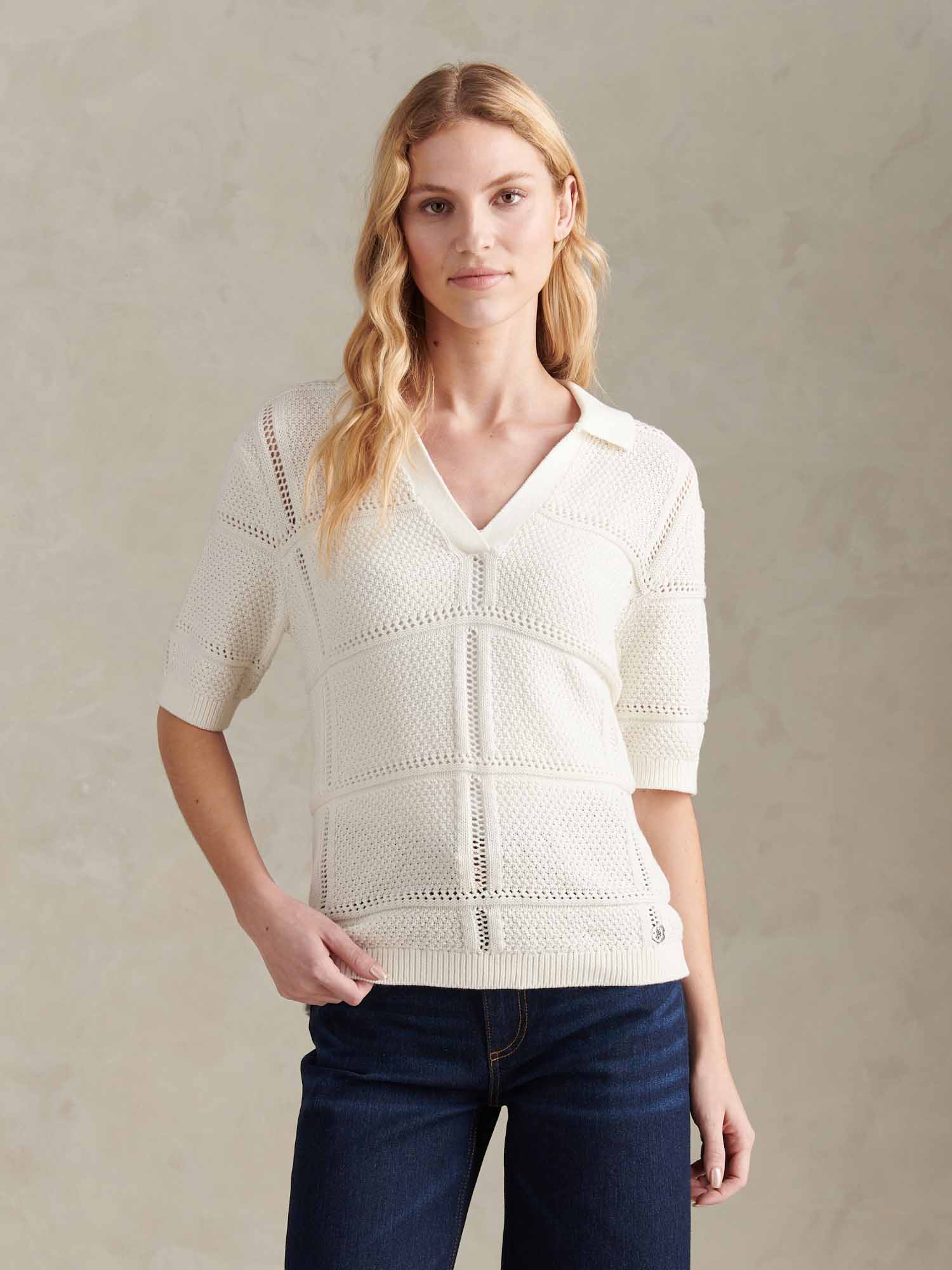 Womens Crochet Knit Polo Shirt Marshmallow - Image 5