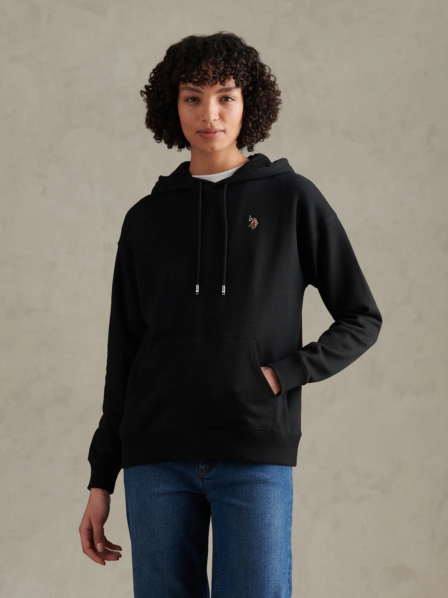 Womens Double Horsemen Logo Hoodie Black
