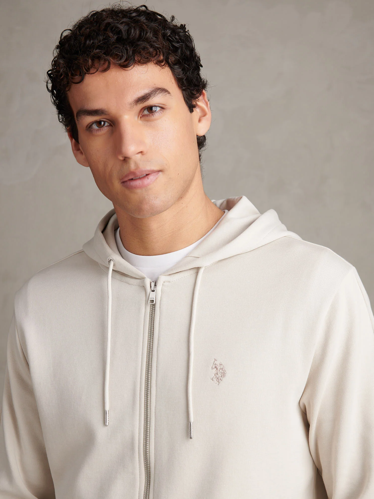 Mens Double Horsemen Interlock Zip Hoodie Beige - Image 2
