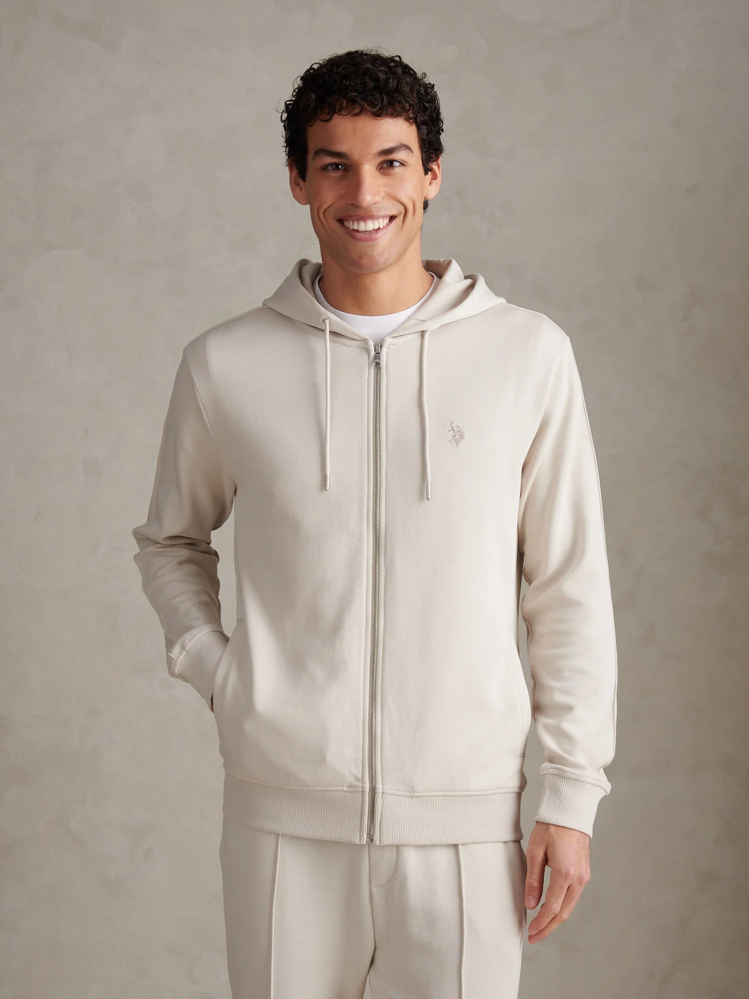 Mens Double Horsemen Interlock Zip Hoodie Beige - Image 5
