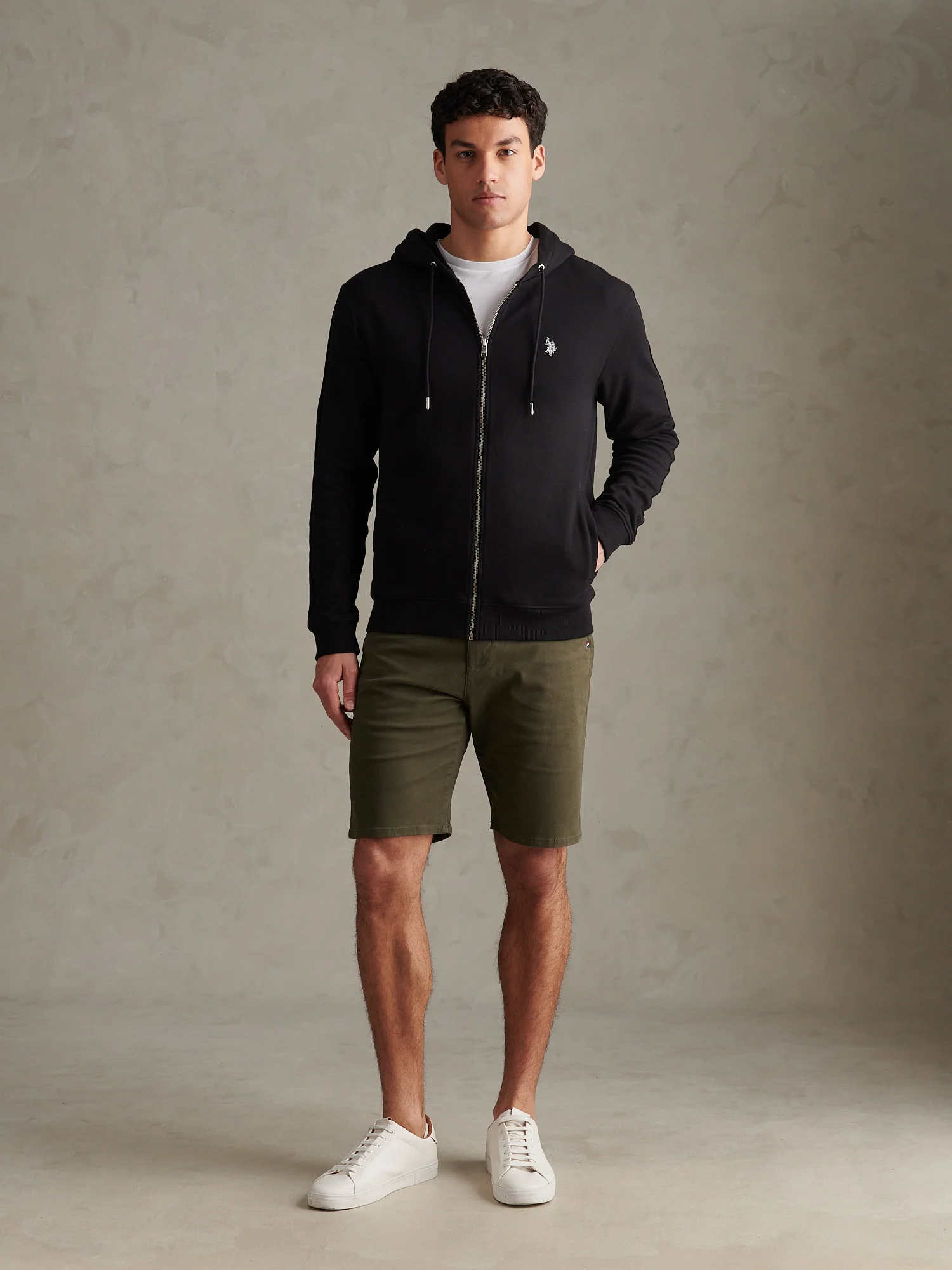 Mens Double Horsemen Interlock Zip Hoodie Black Bright White DHM - Image 3