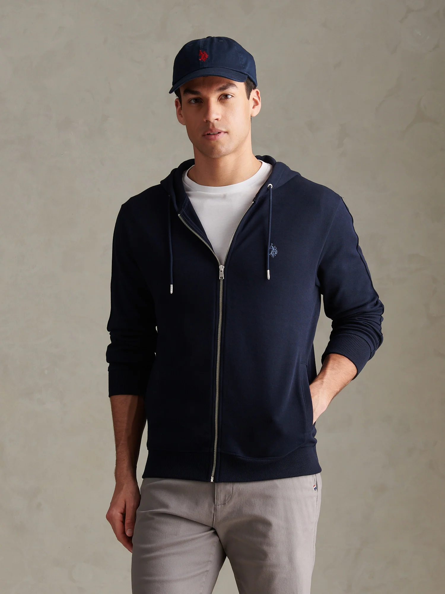 Mens Double Horsemen Interlock Zip Hoodie Dark Sapphire Navy