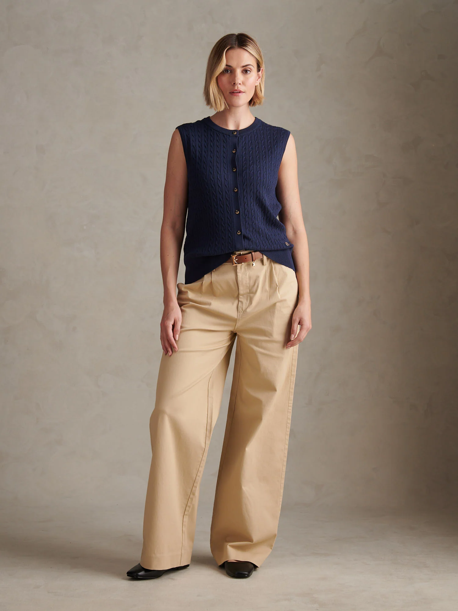 Womens Sleeveless Cable Knit Cardigan Navy Iris - Image 3