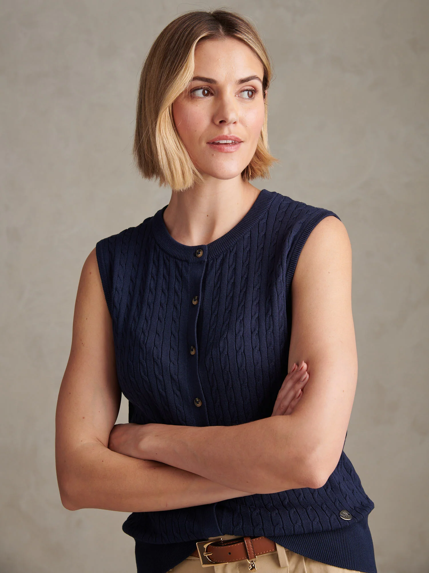 Womens Sleeveless Cable Knit Cardigan Navy Iris - Image 5