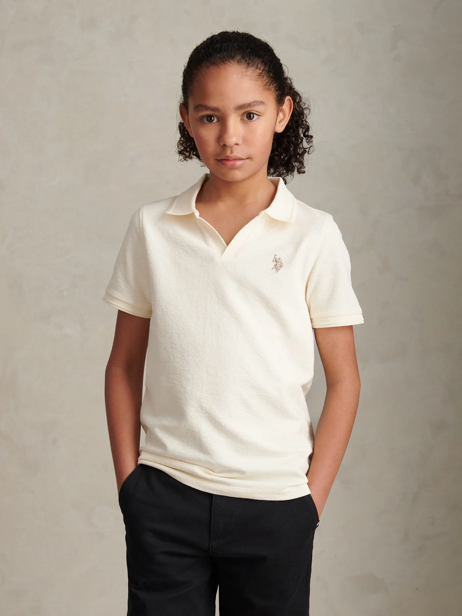 Boys Towelling Open Collar Polo Shirt Whisper White