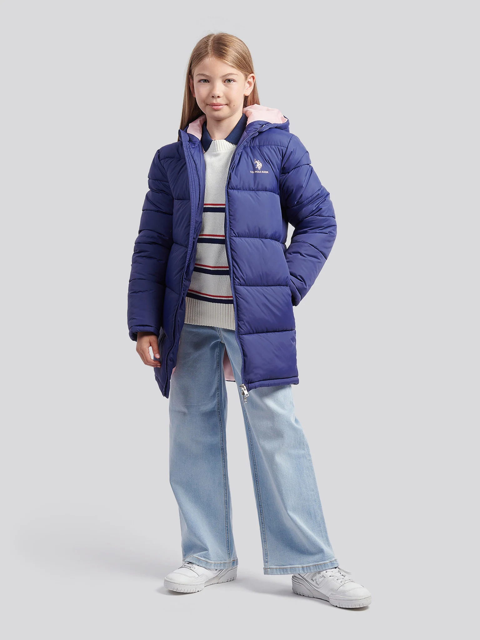 Girls Longline Puffer Jacket in Midnight Blue - Image 3