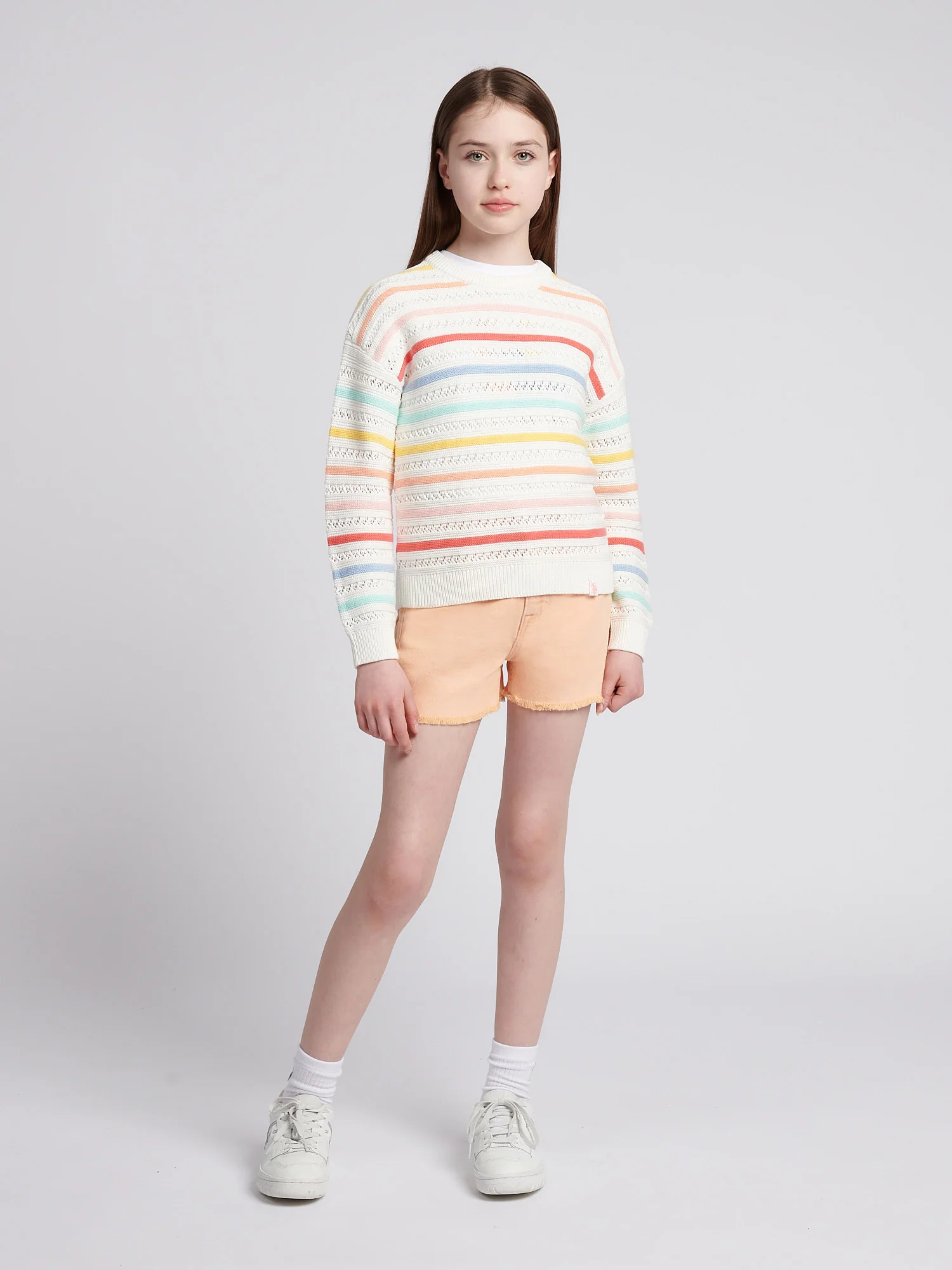 Girls Pointelle Stripe Knit Jumper in Bright White - Image 3