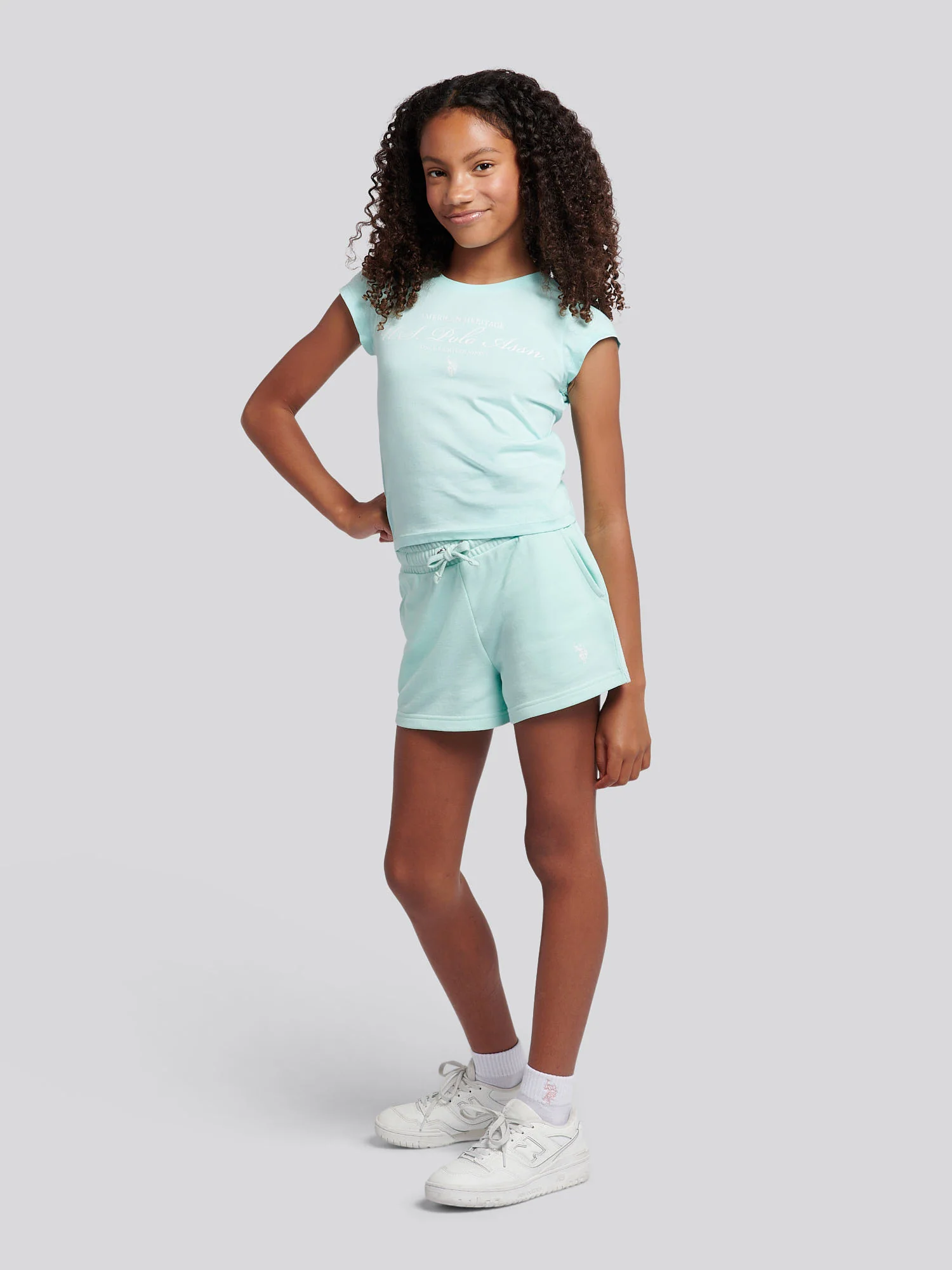 Girls Script Graphic T-Shirt & Sweat Short Set in Blue Light