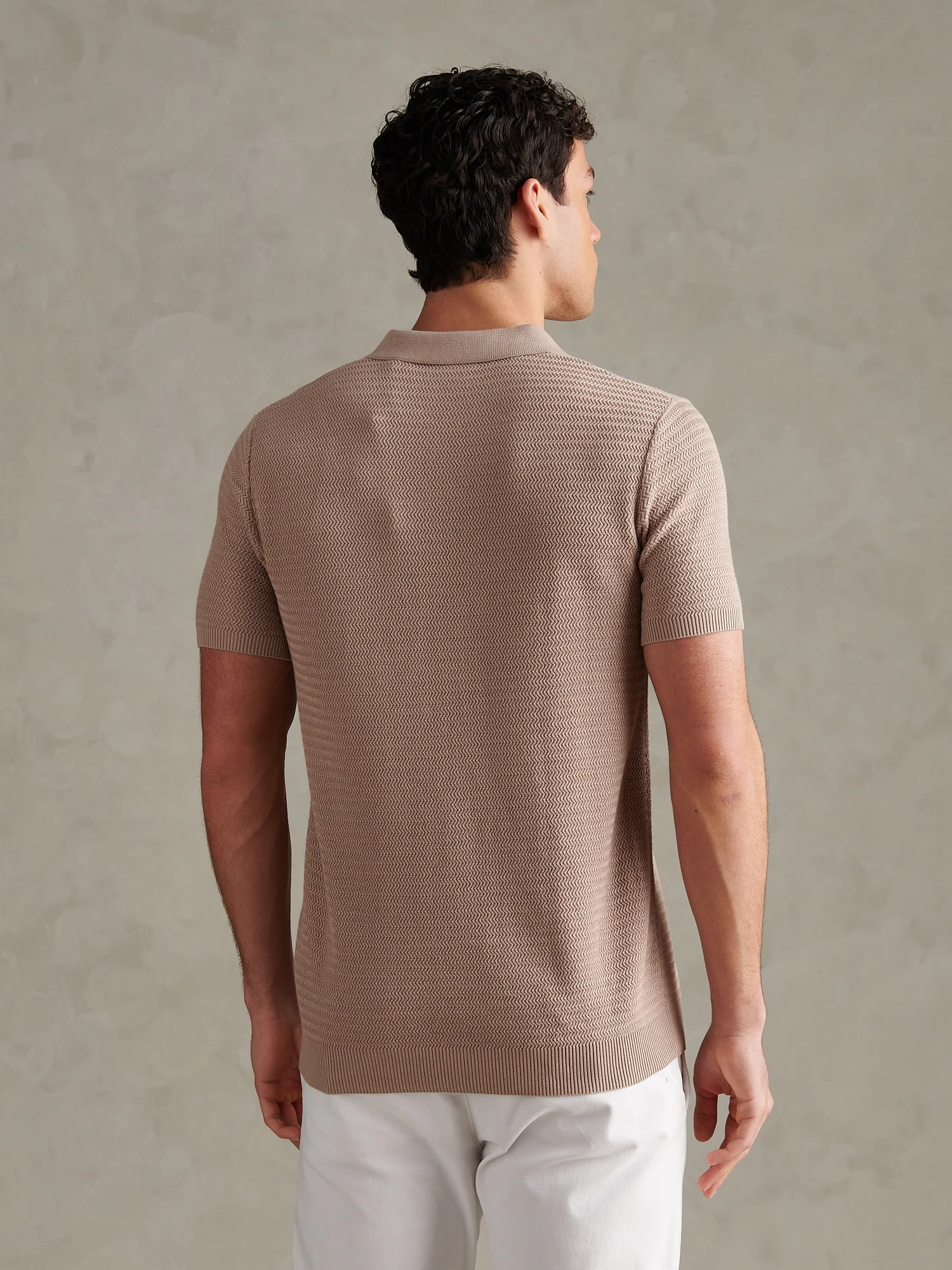 Mens Herringbone Texture Knit Polo Shirt Atmosphere - Image 4