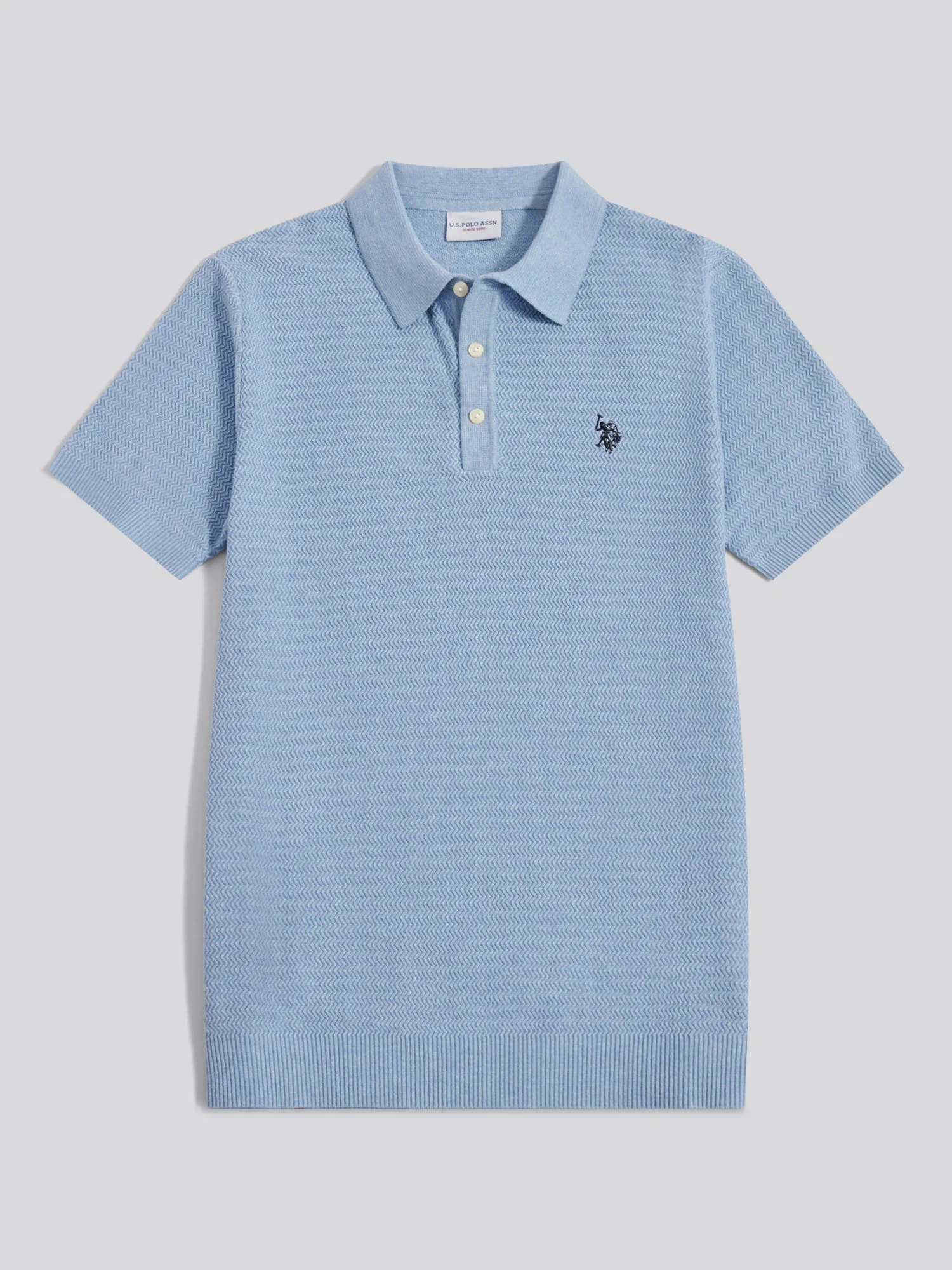 Mens Herringbone Texture Knit Polo Shirt Parisian Blue Marl