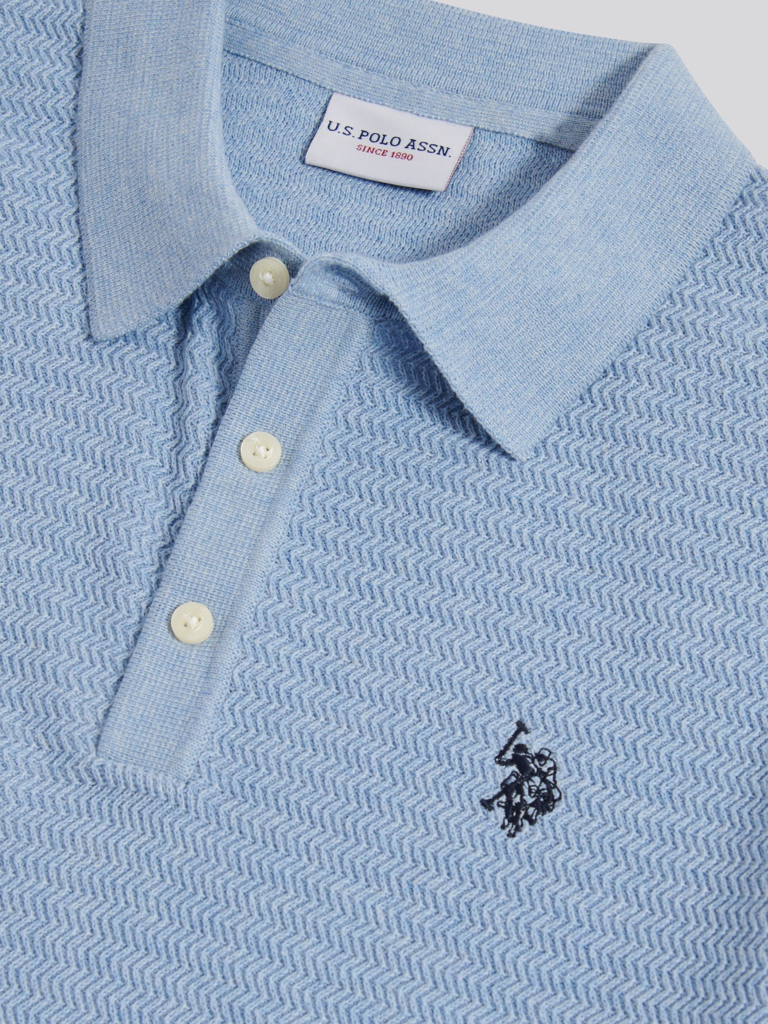 Mens Herringbone Texture Knit Polo Shirt Parisian Blue Marl - Image 3