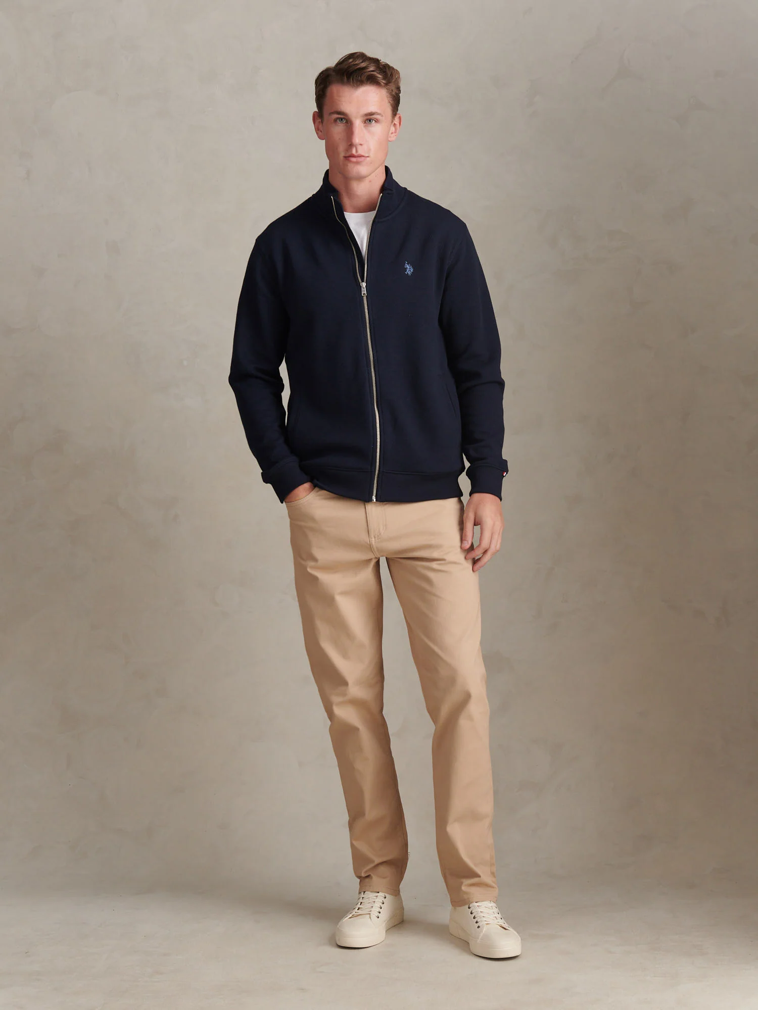 Mens Herringbone Zip Funnel Sweatshirt Dark Sapphire Navy / Moonlight Blue DHM - Image 3