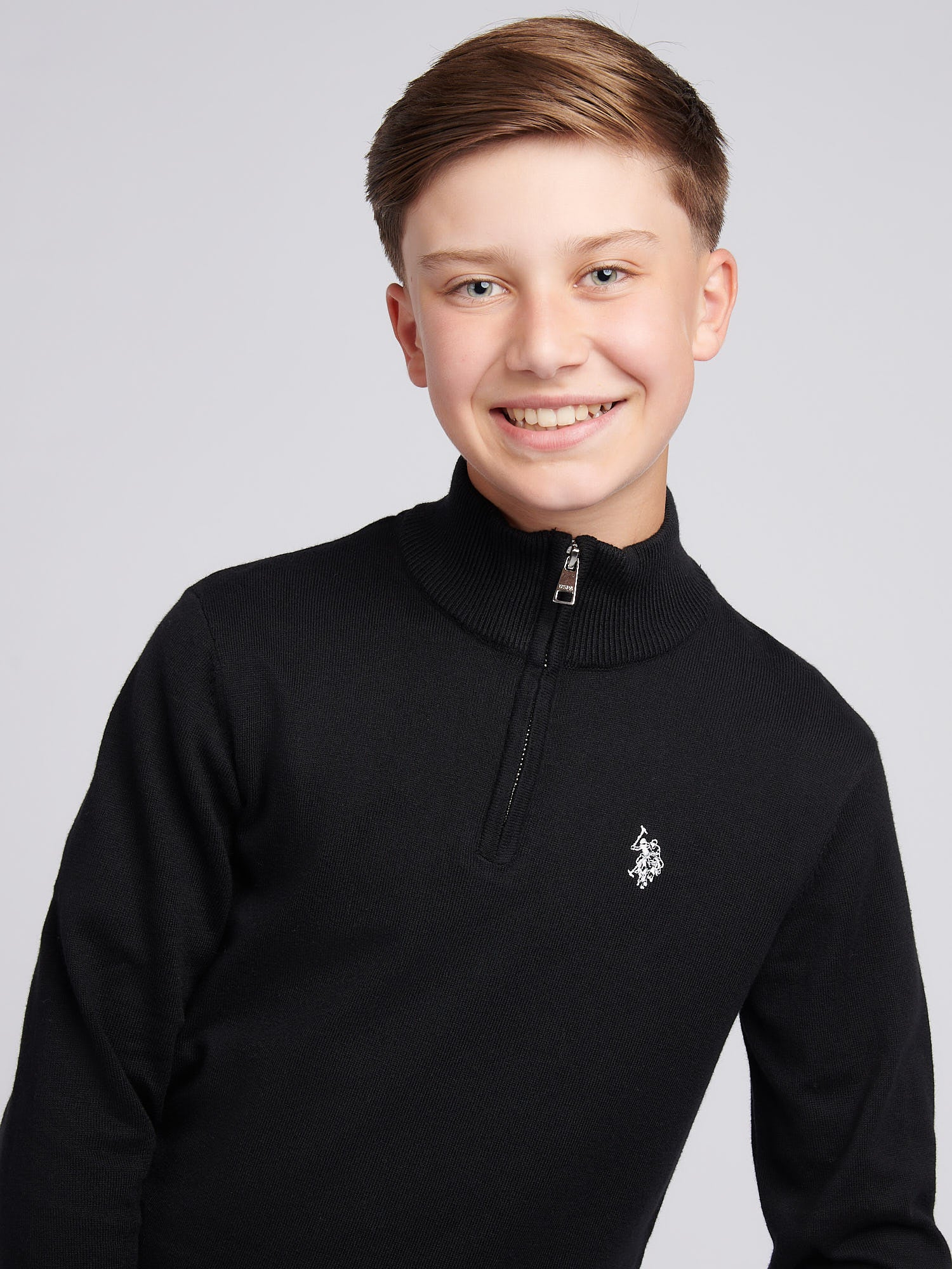 Boys Knitted Cotton Rich 1/4 Zip Black Bright White DHM - Image 2