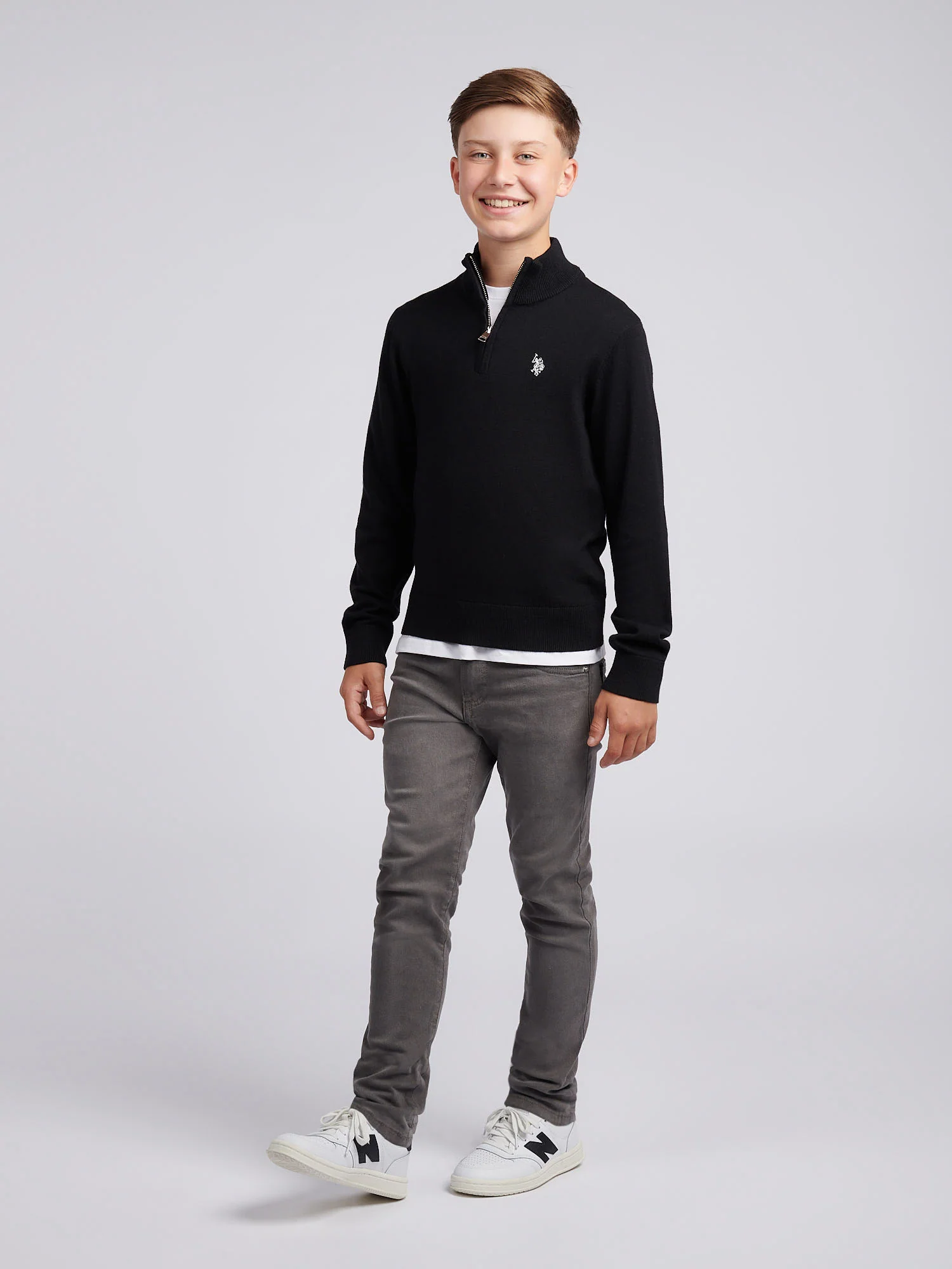 Boys Knitted Cotton Rich 1/4 Zip Black Bright White DHM - Image 3