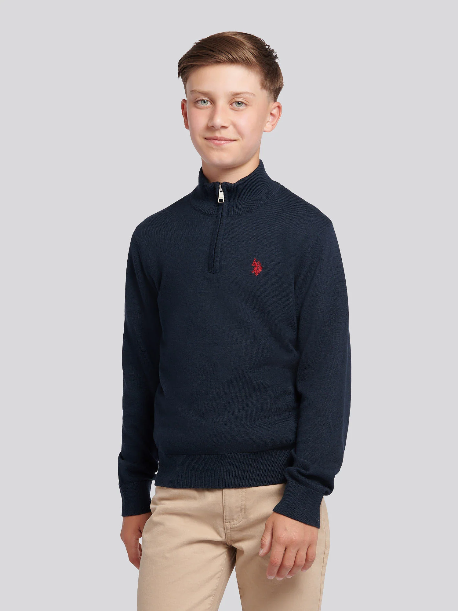 Boys Knitted Cotton Rich 1/4 Zip Dark Sapphire Navy / Haute Red DHM