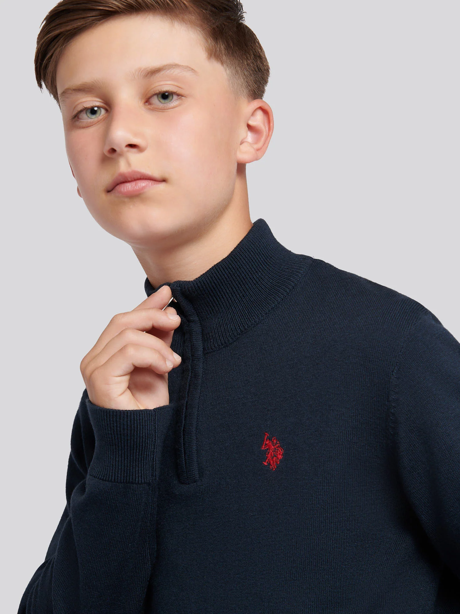 Boys Knitted Cotton Rich 1/4 Zip Dark Sapphire Navy / Haute Red DHM - Image 2