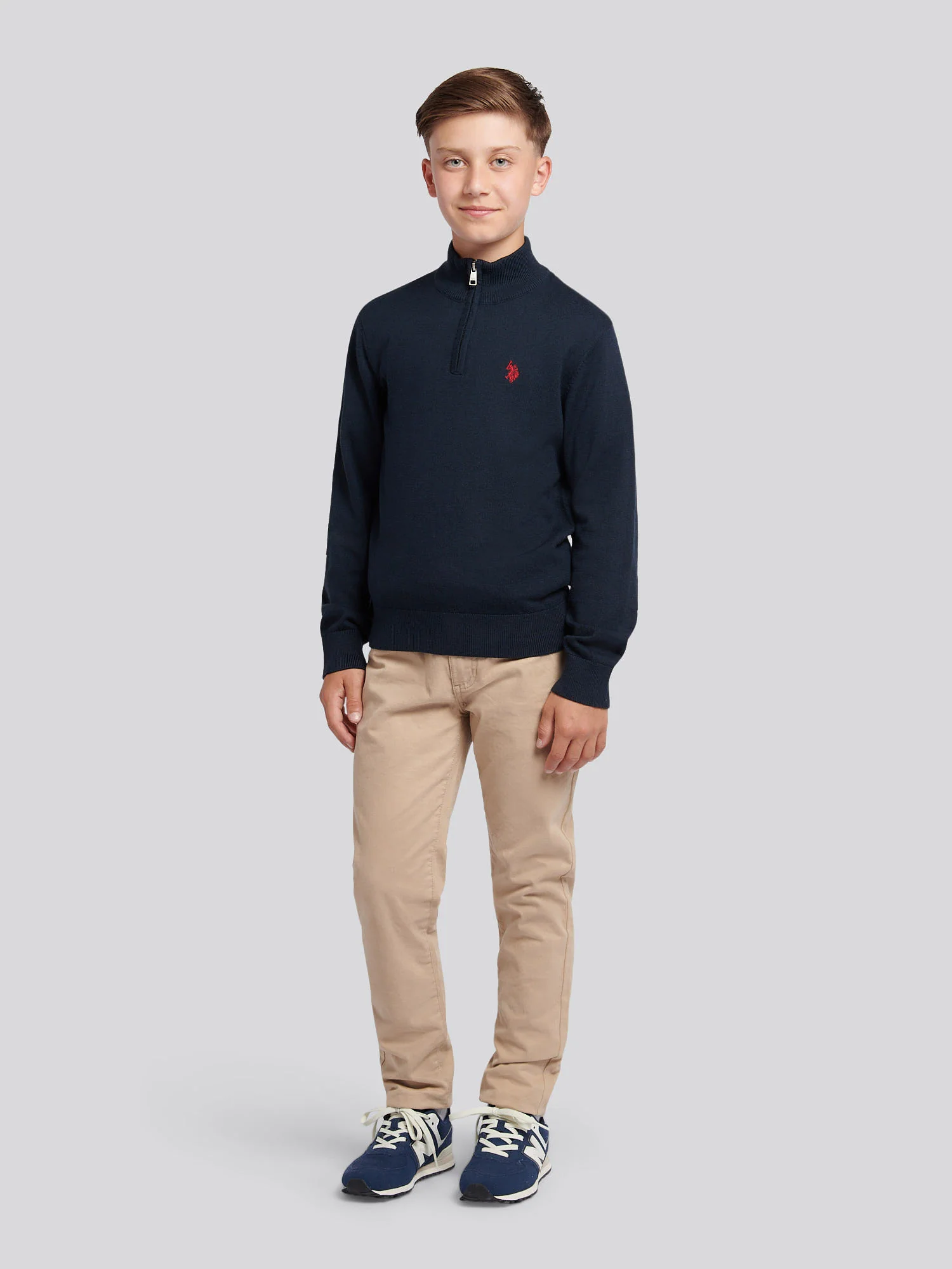 Boys Knitted Cotton Rich 1/4 Zip Dark Sapphire Navy / Haute Red DHM - Image 3