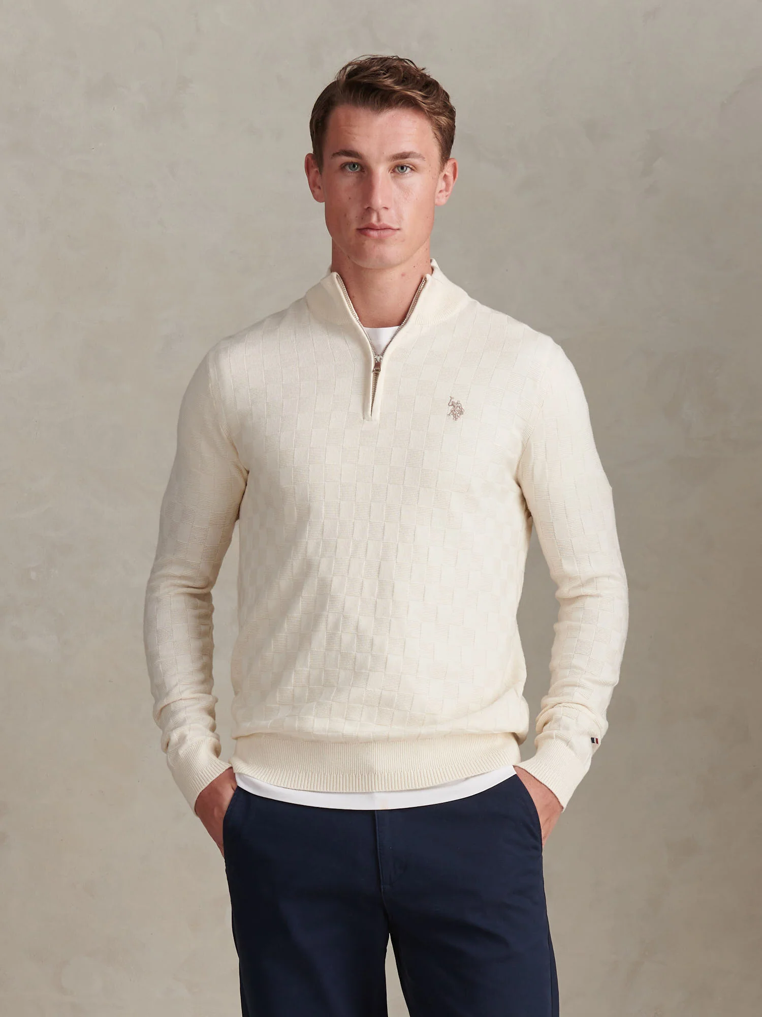 Mens Large Check Knit Quarter Zip Funnel Jumper Whisper White
