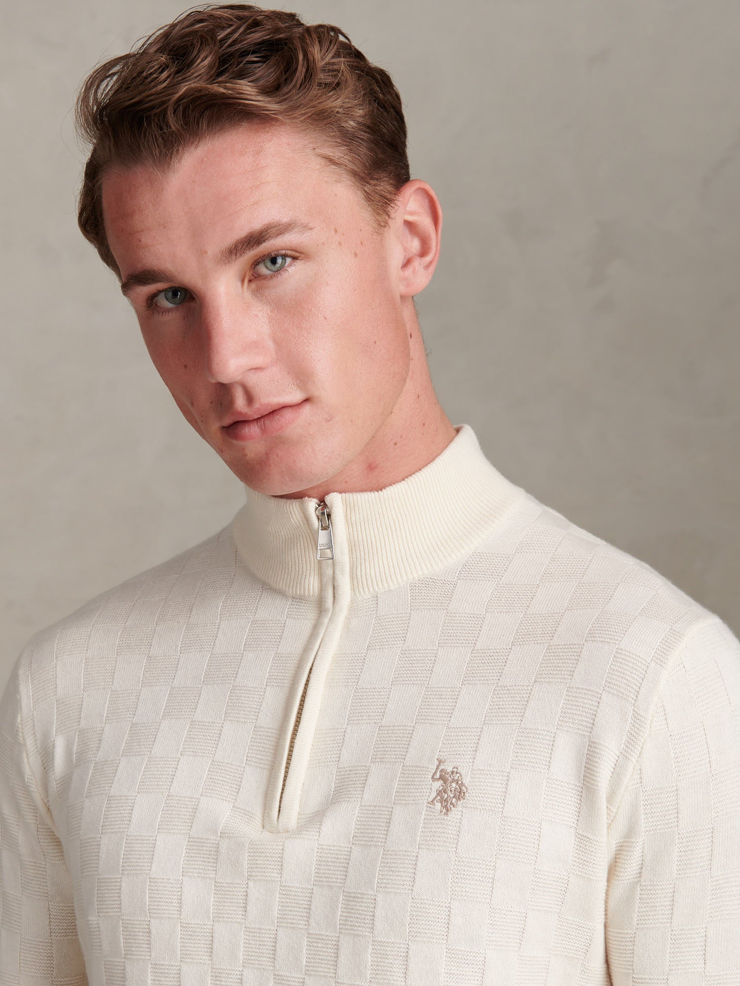 Mens Large Check Knit Quarter Zip Funnel Jumper Whisper White - Image 2