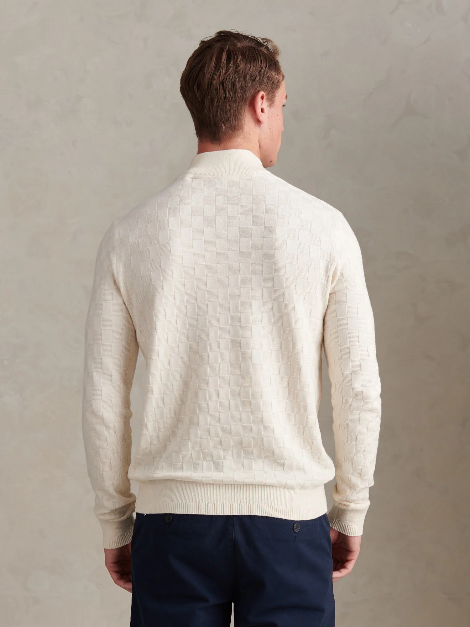 Mens Large Check Knit Quarter Zip Funnel Jumper Whisper White - Image 4