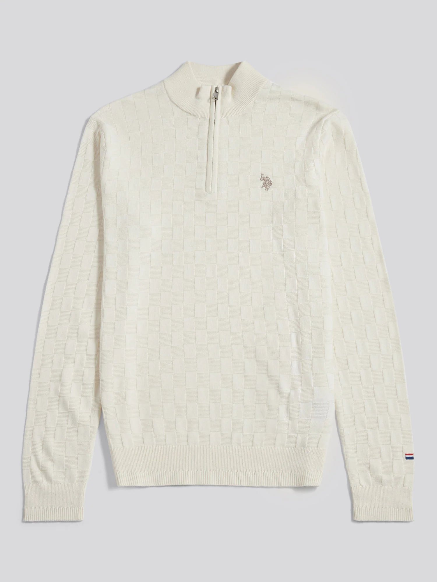 Mens Large Check Knit Quarter Zip Funnel Jumper Whisper White - Image 6
