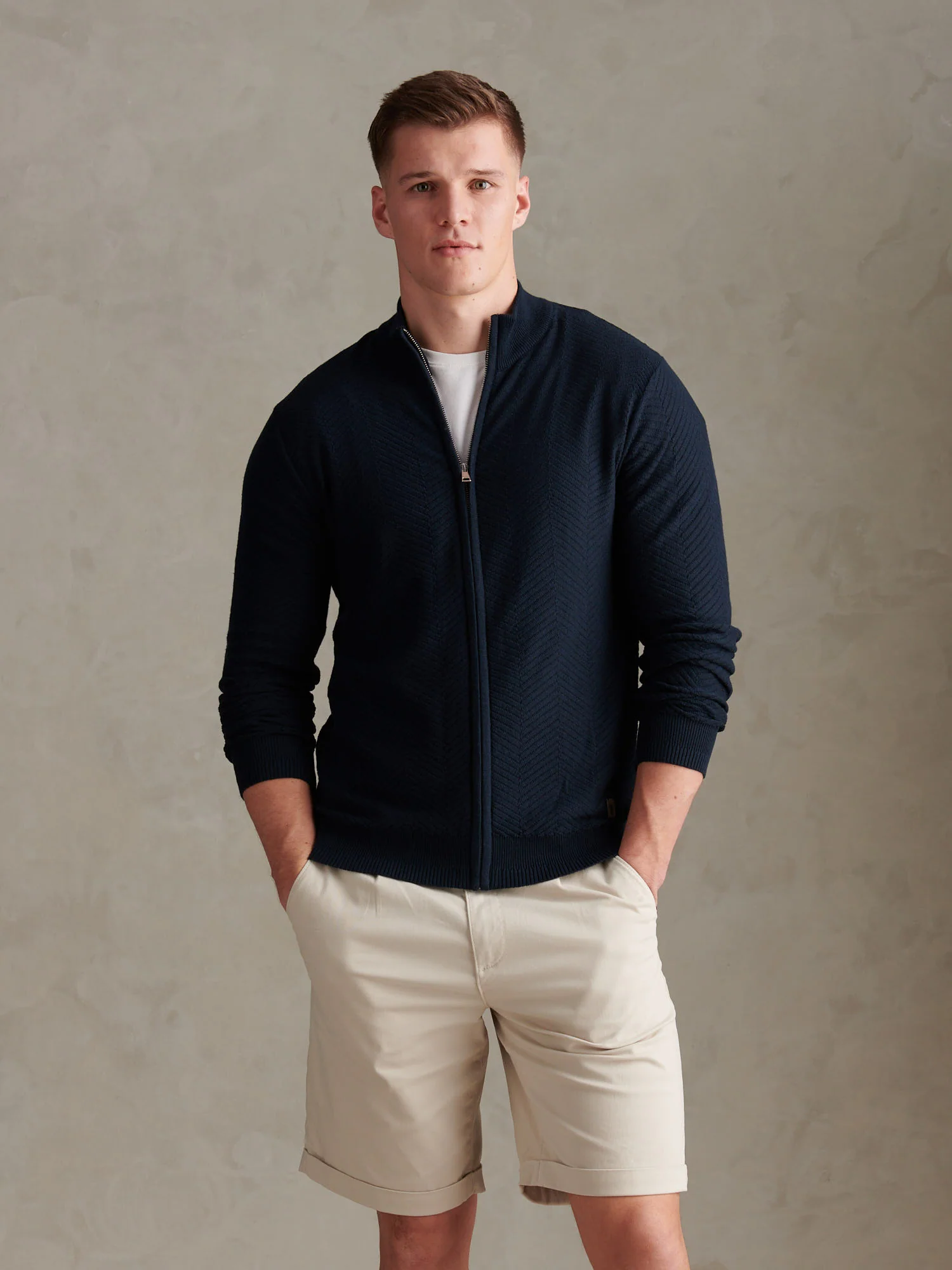 Mens Herringbone Full Zip Funnel Jumper Dark Sapphire Navy