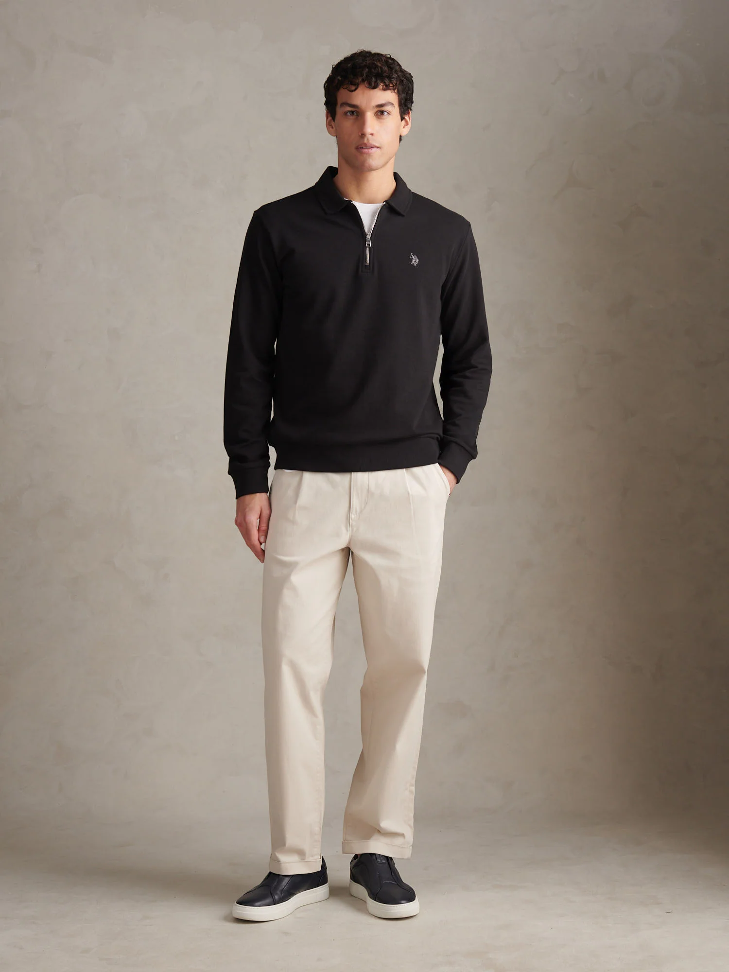 Mens Loopback Zip Polo Sweatshirt Black - Image 3