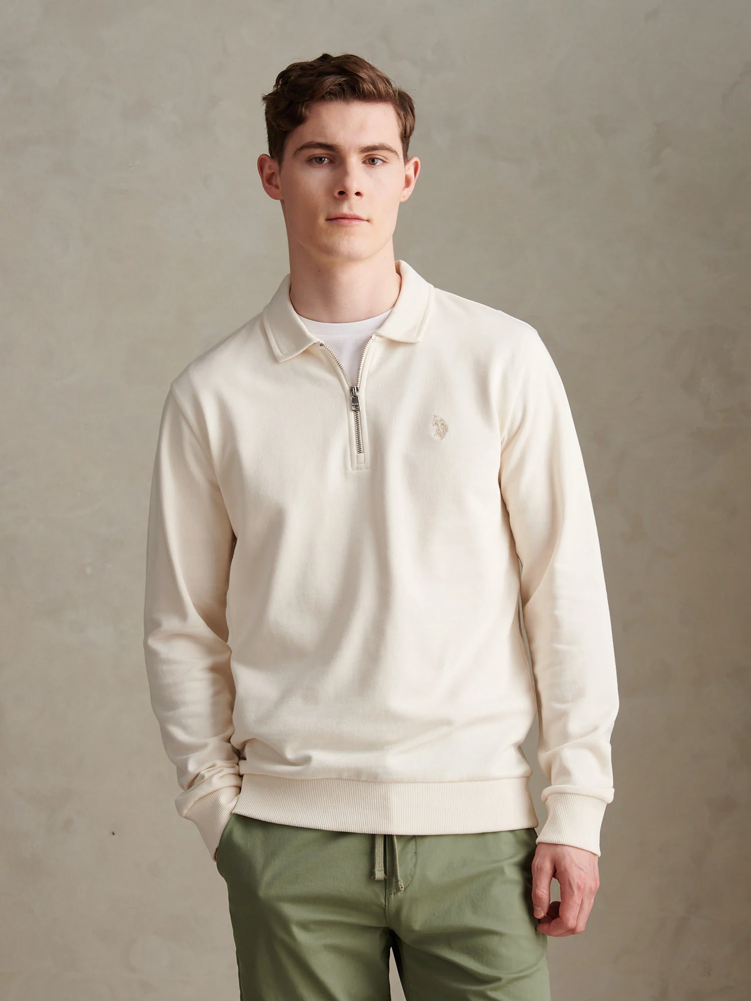 Mens Loopback Zip Polo Sweatshirt Whisper White