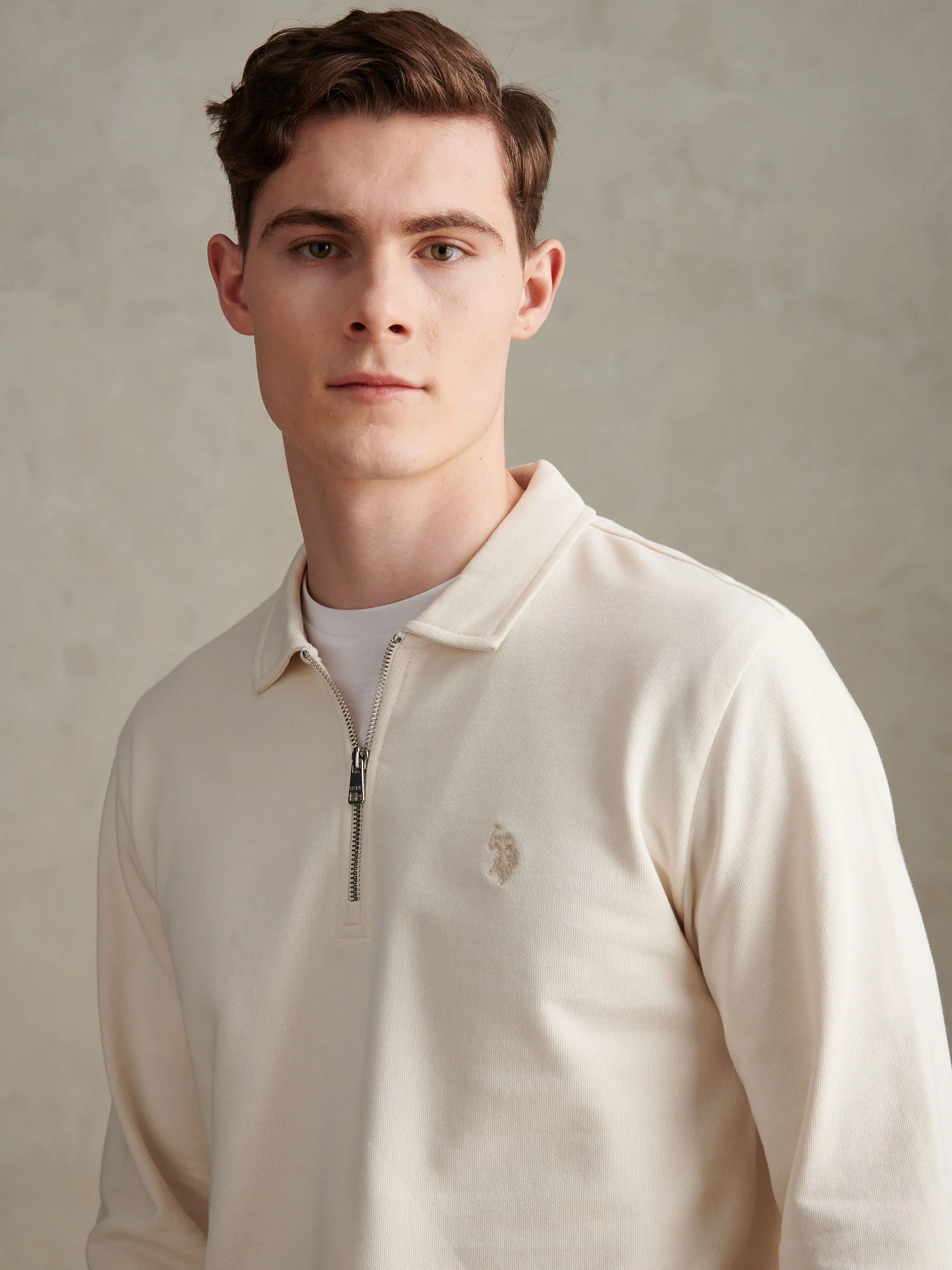 Mens Loopback Zip Polo Sweatshirt Whisper White - Image 2