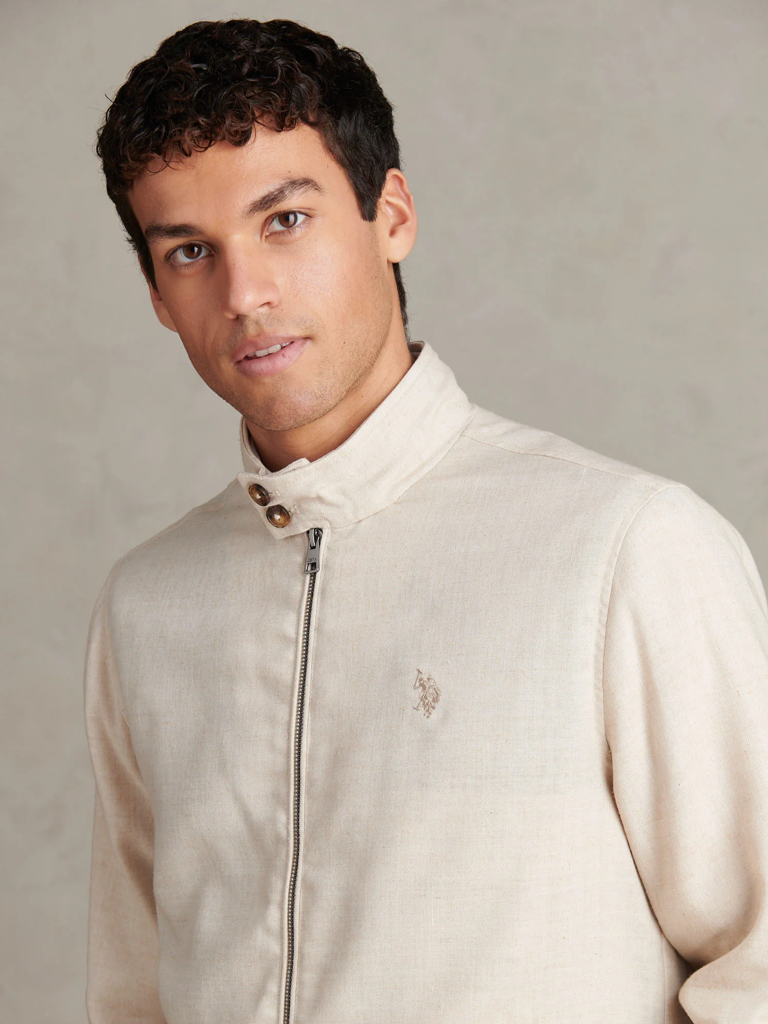 Mens Linen Blend Harrington Jacket Beige - Image 5