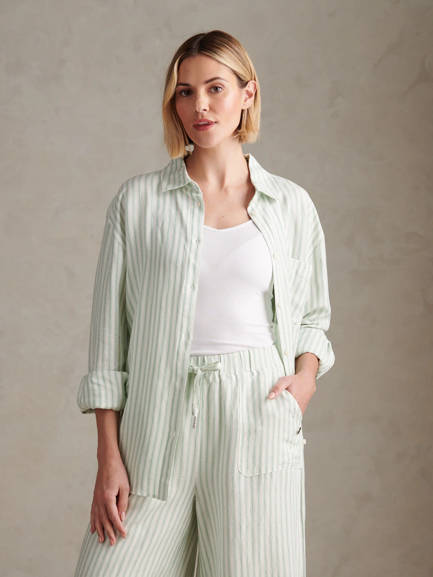 Womens Linen Blend Loose Fit Stripe Shirt Misty Jade