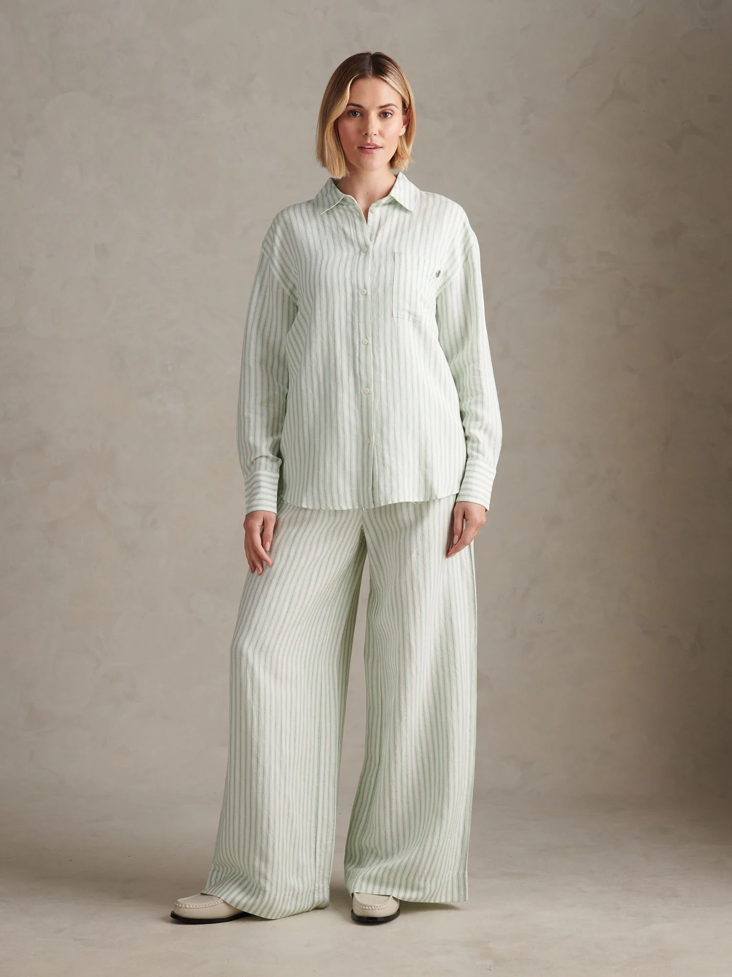 Womens Linen Blend Loose Fit Stripe Shirt Misty Jade - Image 3