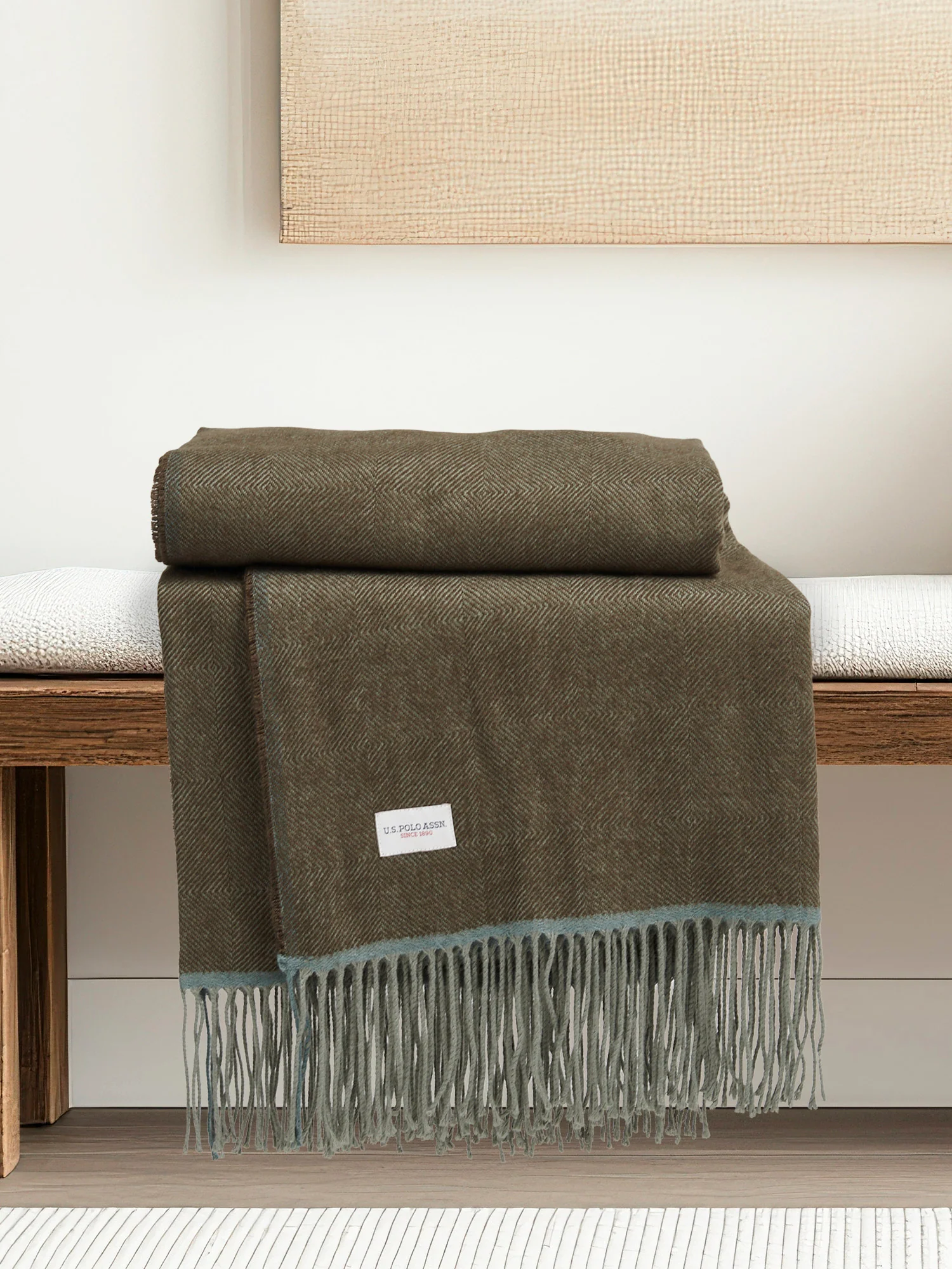 Luxurious Herringbone Boxed Throw in Desert Palm - Image 2