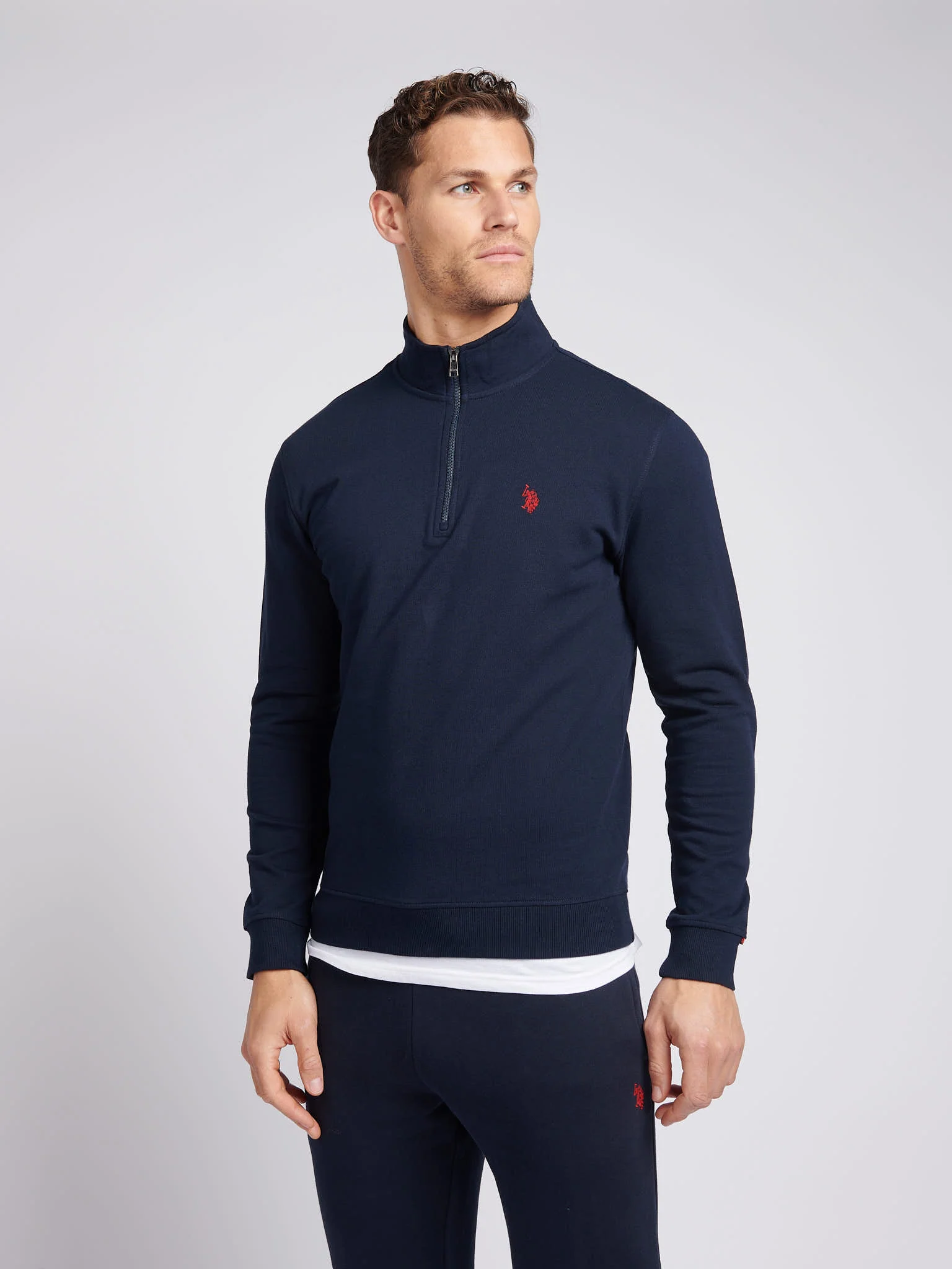 Mens 1/4 Zip Sweatshirt Dark Sapphire Navy / Haute Red DHM