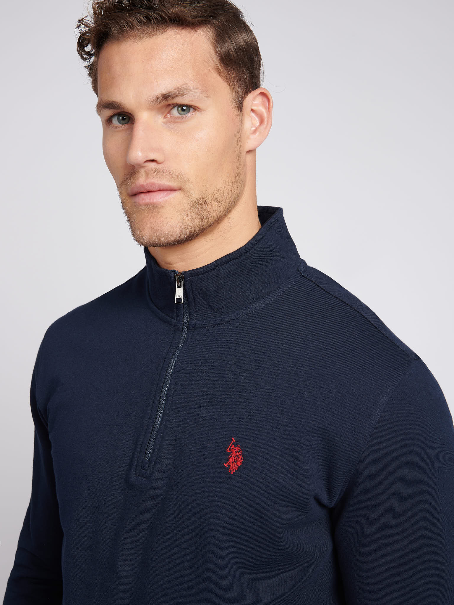 Mens 1/4 Zip Sweatshirt Dark Sapphire Navy / Haute Red DHM - Image 2