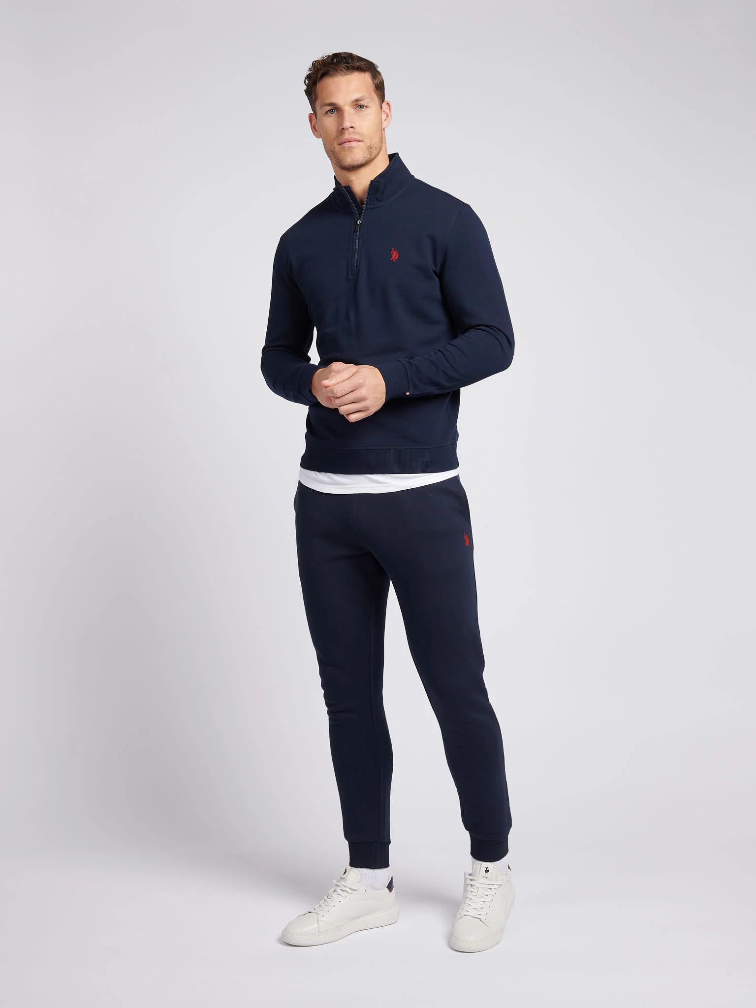 Mens 1/4 Zip Sweatshirt Dark Sapphire Navy / Haute Red DHM - Image 3
