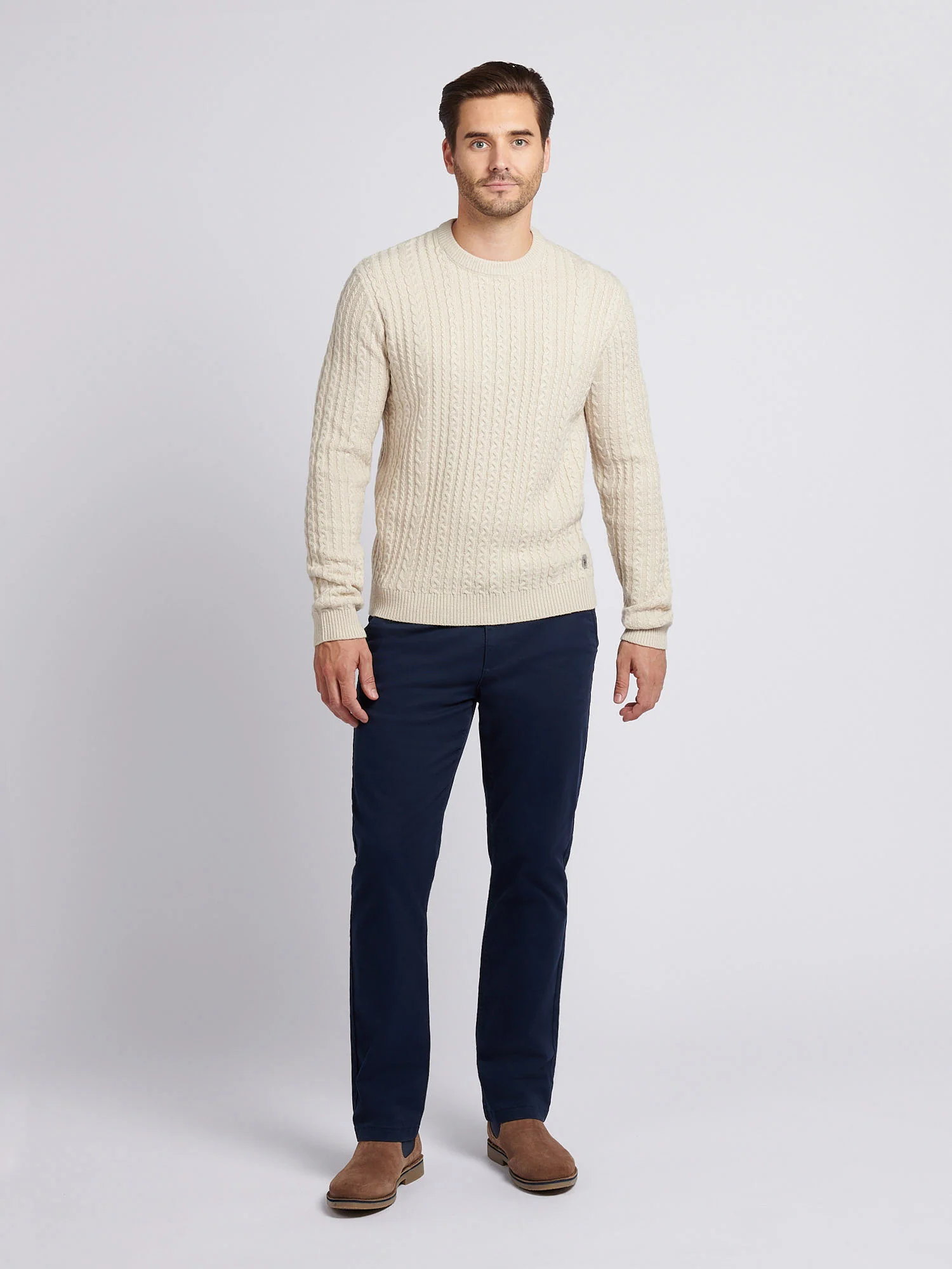 Mens Aran Knit Crew in Birch Marl - Image 3