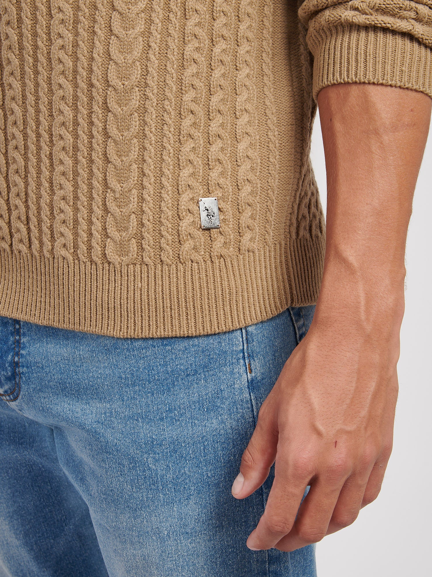 Mens Aran Knit Crew in Greige - Image 2