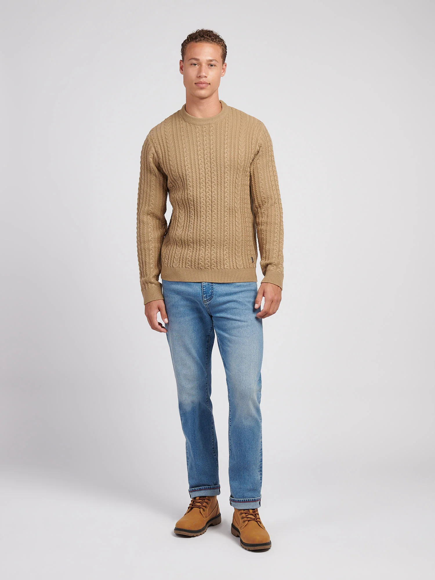 Mens Aran Knit Crew in Greige - Image 3