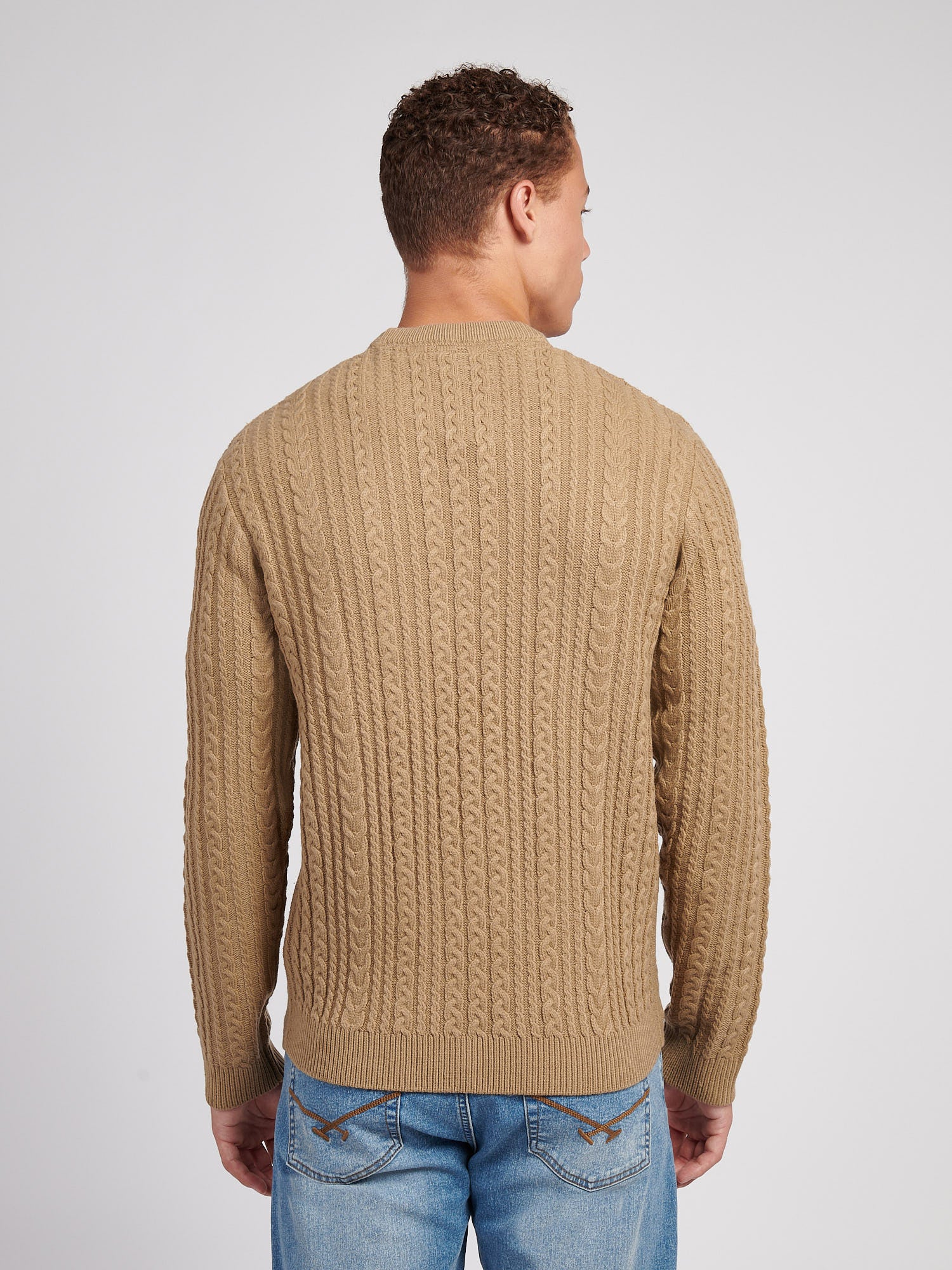 Mens Aran Knit Crew in Greige - Image 4