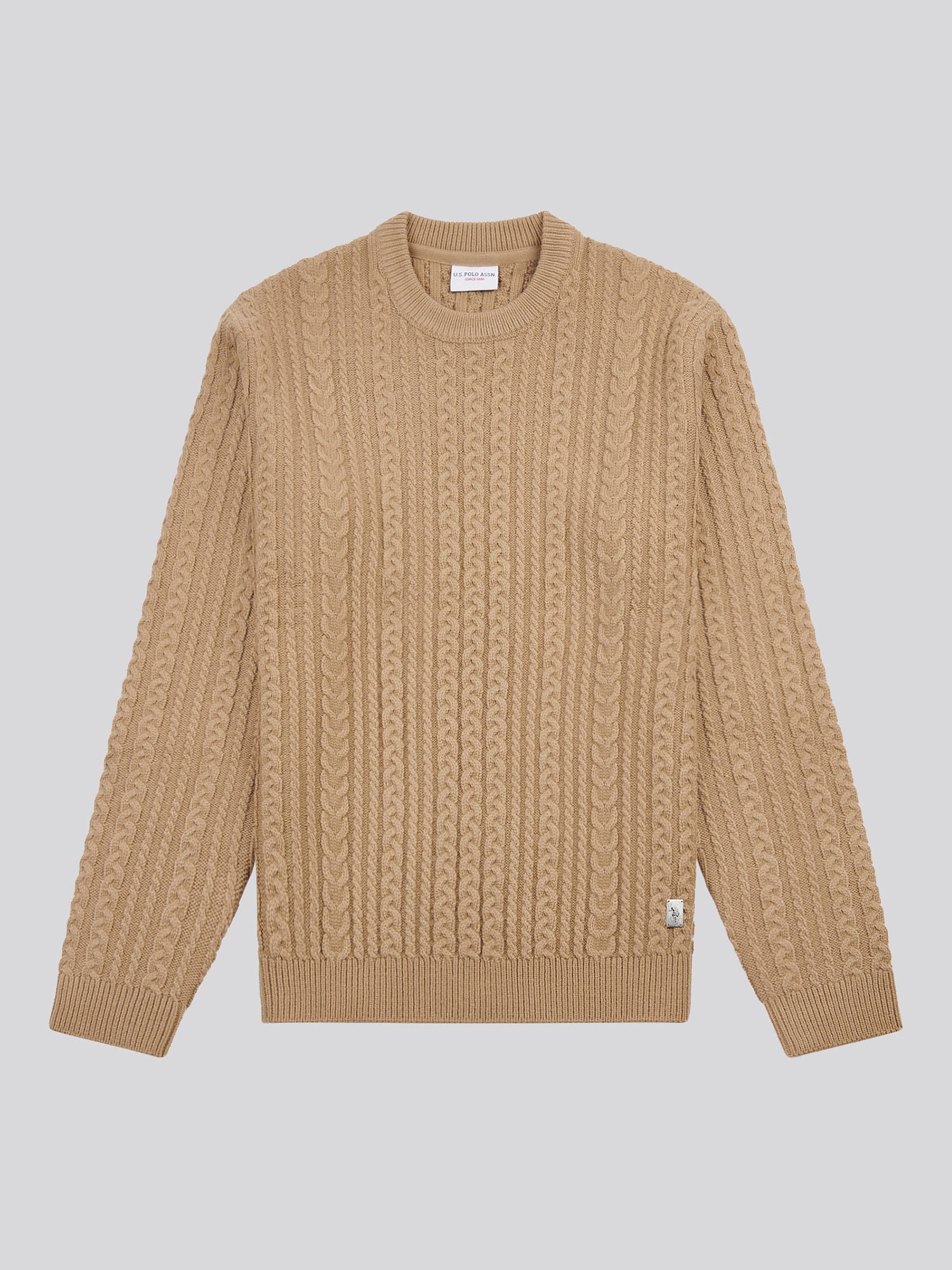 Mens Aran Knit Crew in Greige - Image 5