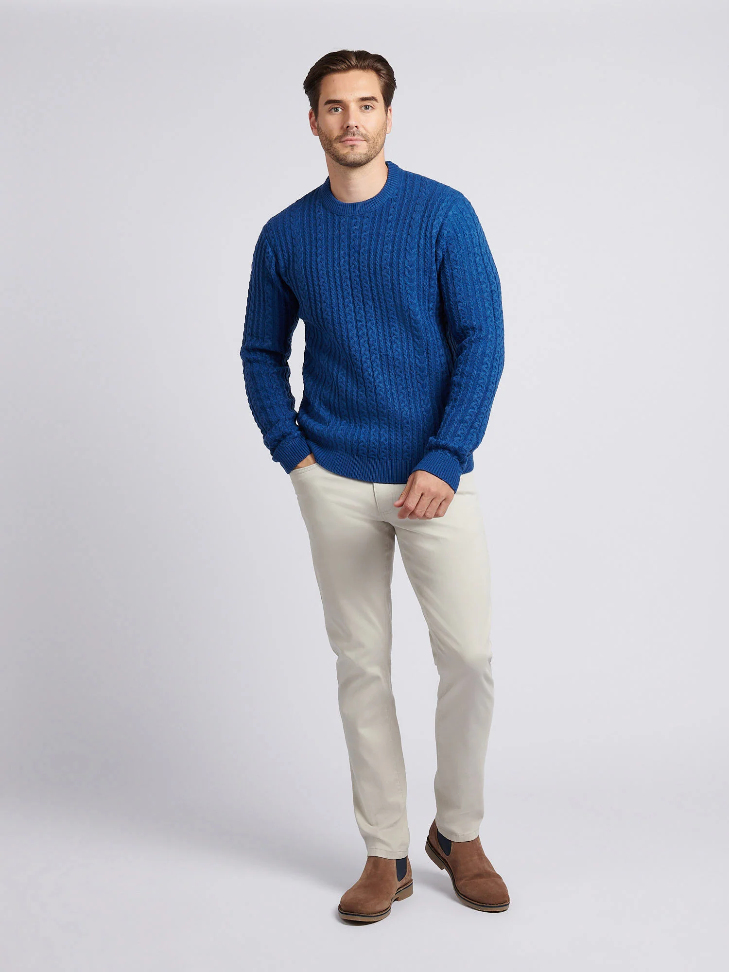 Mens Aran Knit Crew in Navy Peony - Image 3
