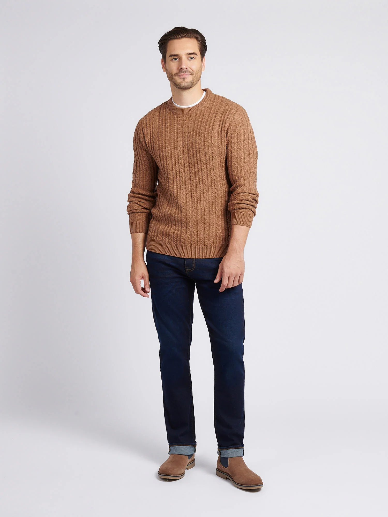 Mens Aran Knit Crew in Rawhide Marl - Image 3