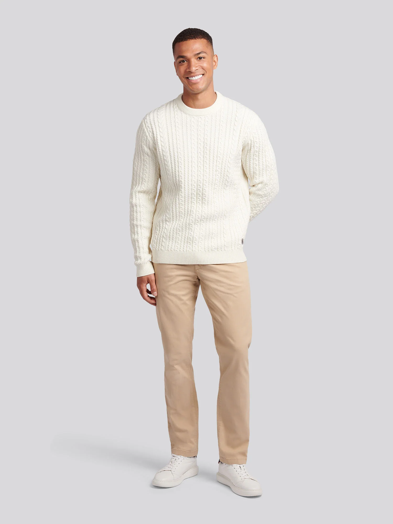 Mens Aran Knit Crew in Whisper White - Image 3